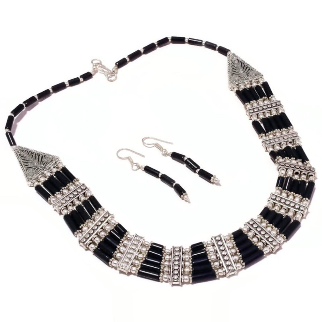Handmade Black Onyx Beaded Jewelry Set - 5 Strand Engraved Gemstone Earrings & Matching Necklace, Coral Beaded Gift for Women | Perfect for Weddings, Parties & Special Occasions