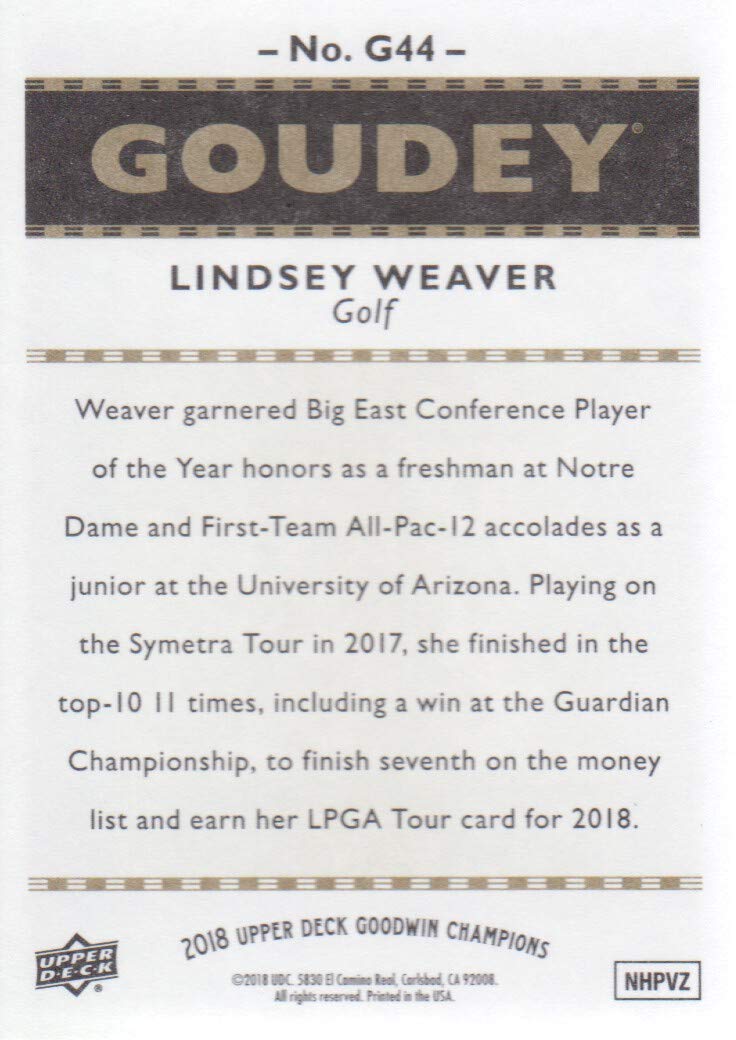 2018 Upper Deck Goodwin Champions Goudey #G44 Lindsey Weaver Golf Card - Rare Sports Trading Card for Collectors & Golf Fans - Perfect for Display, Trading & Memorabilia Collections