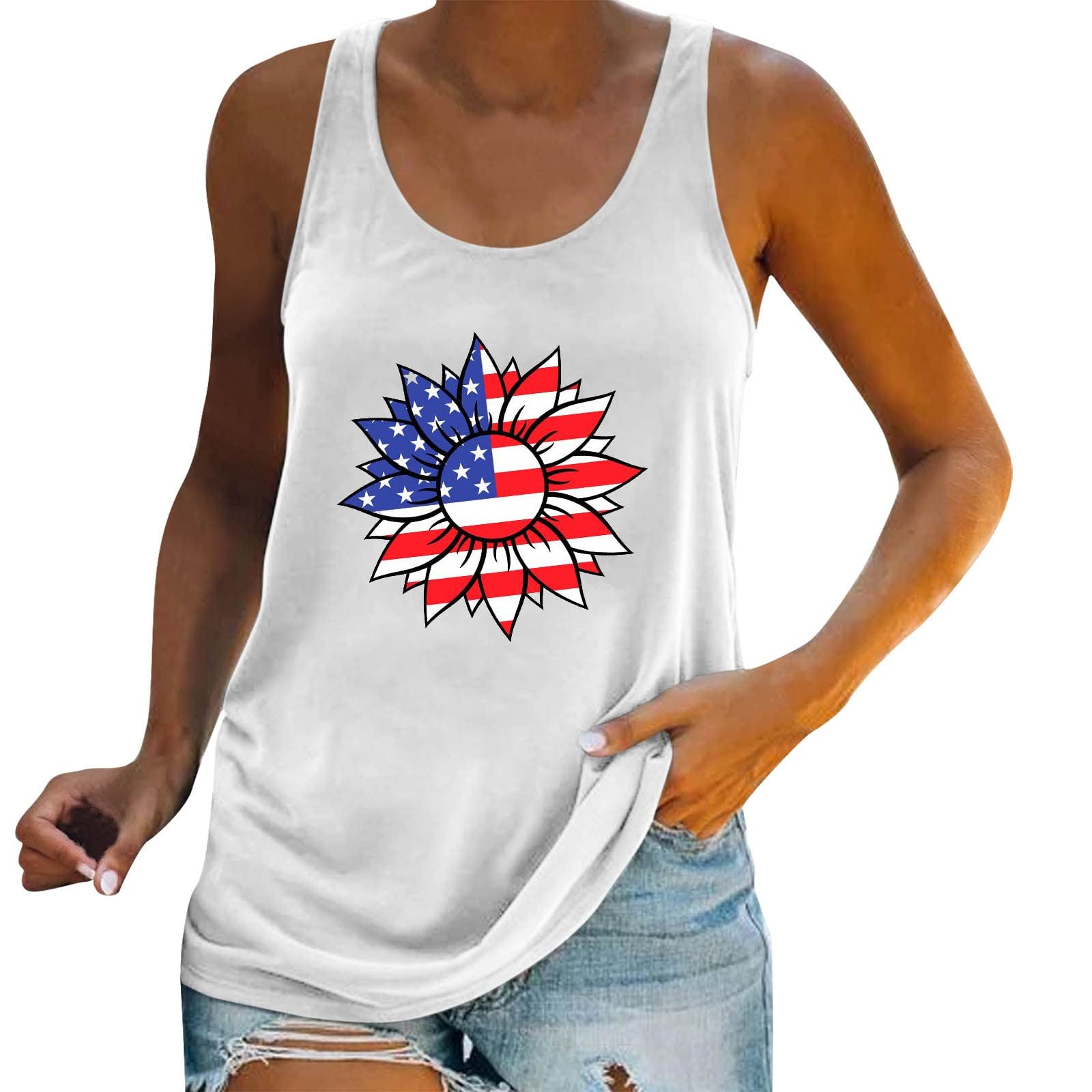 Women's Summer Tops - Fashion Independence Day Printed Vest, Round Neck Sleeveless Blouse with Suspenders | Casual Wear, Beach Outfits, 4th of July Party Clothes