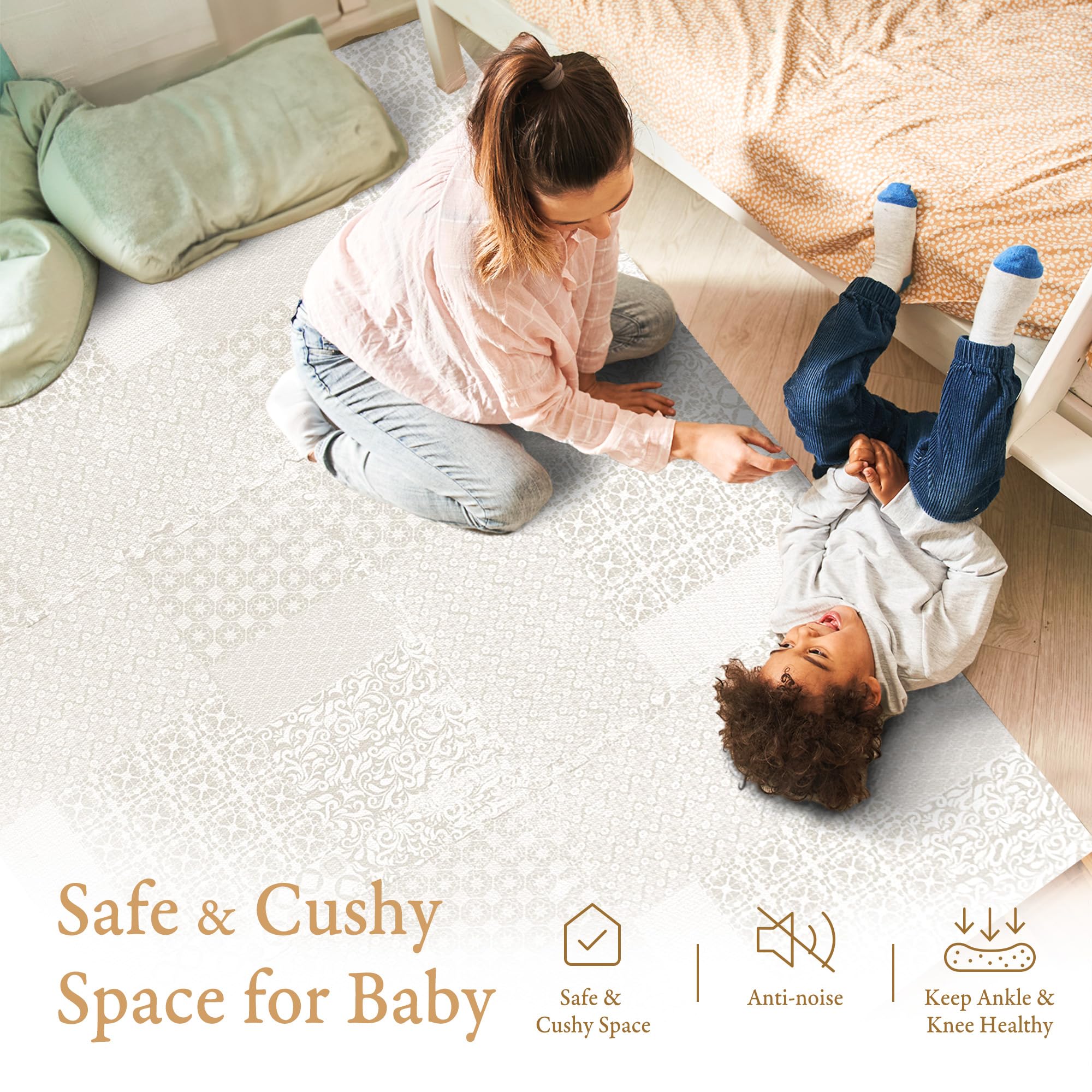 Premium Non-Toxic Baby Play Mat & Exercise Floor Tiles - 6-Piece Large Puzzle Mat (6ft x 4ft) - Thick, Waterproof & Peel-Resistant Foam Tiles for Kids Playroom, Nursery, Gym & Home Yoga - Totem Beige Design