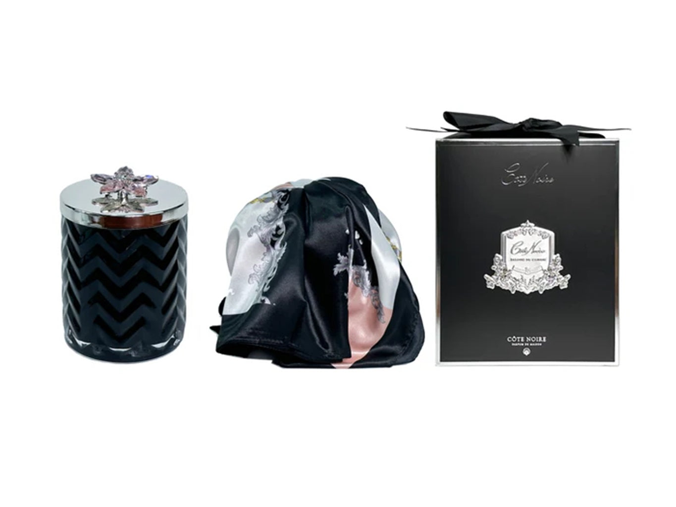 Luxury Cote Noire Black & Silver Herringbone Scented Candle with Scarf & Flower Brooch - Pink Champagne Fragrance for Home Decor, Romantic Dinner & Gift Giving