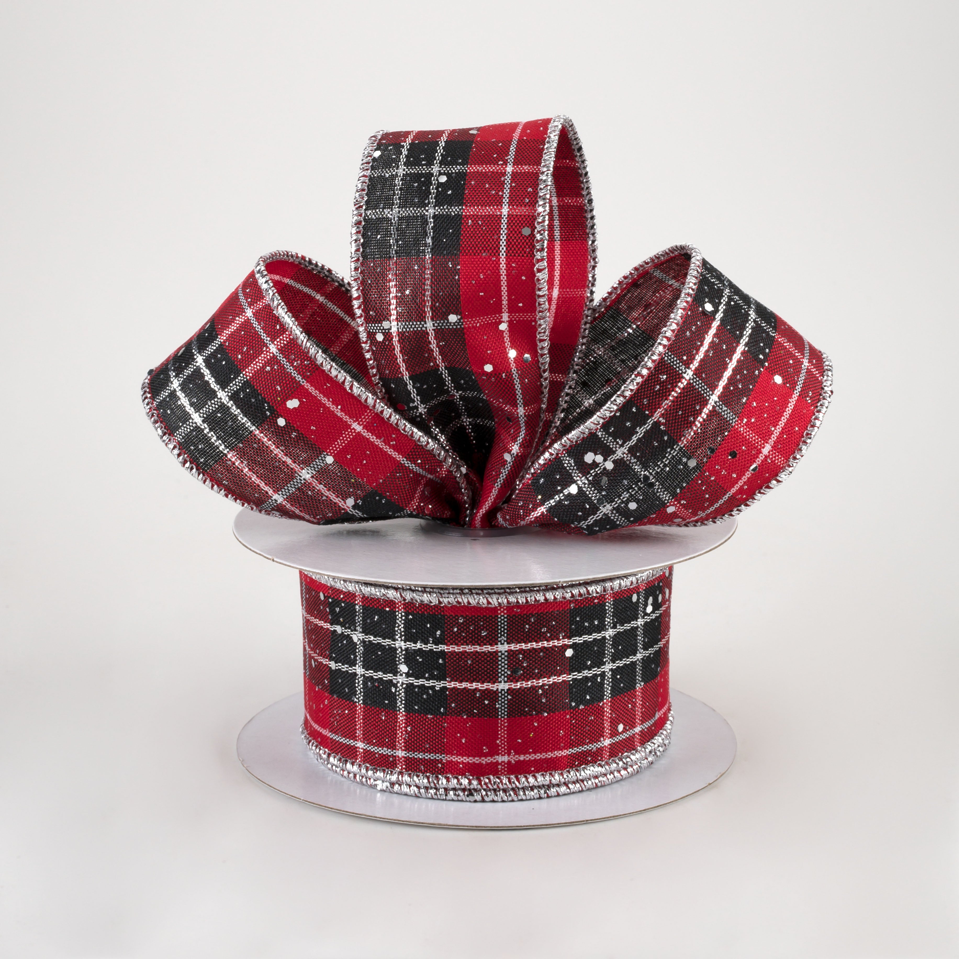 1.5 Inch Metallic Plaid Hex Glitter Ribbon - Red, Black, White & Silver (10 Yards) for Gift Wrapping, DIY Crafts, Scrapbooking & Party Decorations