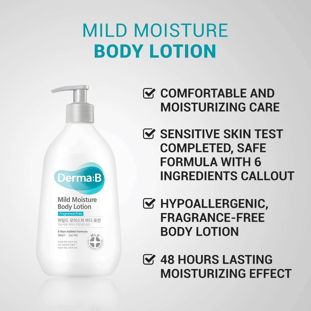Derma:B Mild Moisture Body Lotion 400ml - Hydrating & Soothing Dry Skin Care for Daily Use - Perfect for Sensitive Skin & After-Sun Care