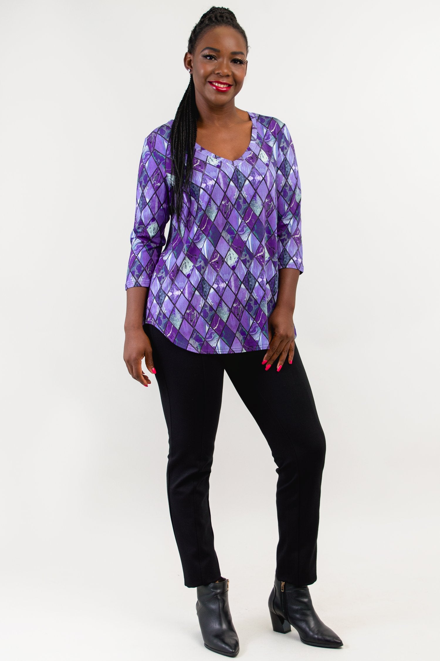 Jackie 3/4 Sleeve Women's Tops - Soft Bamboo Fabric in Violet Windowpane Print - Breathable & Comfortable for Yoga, Workout & Casual Wear - Final Sale
