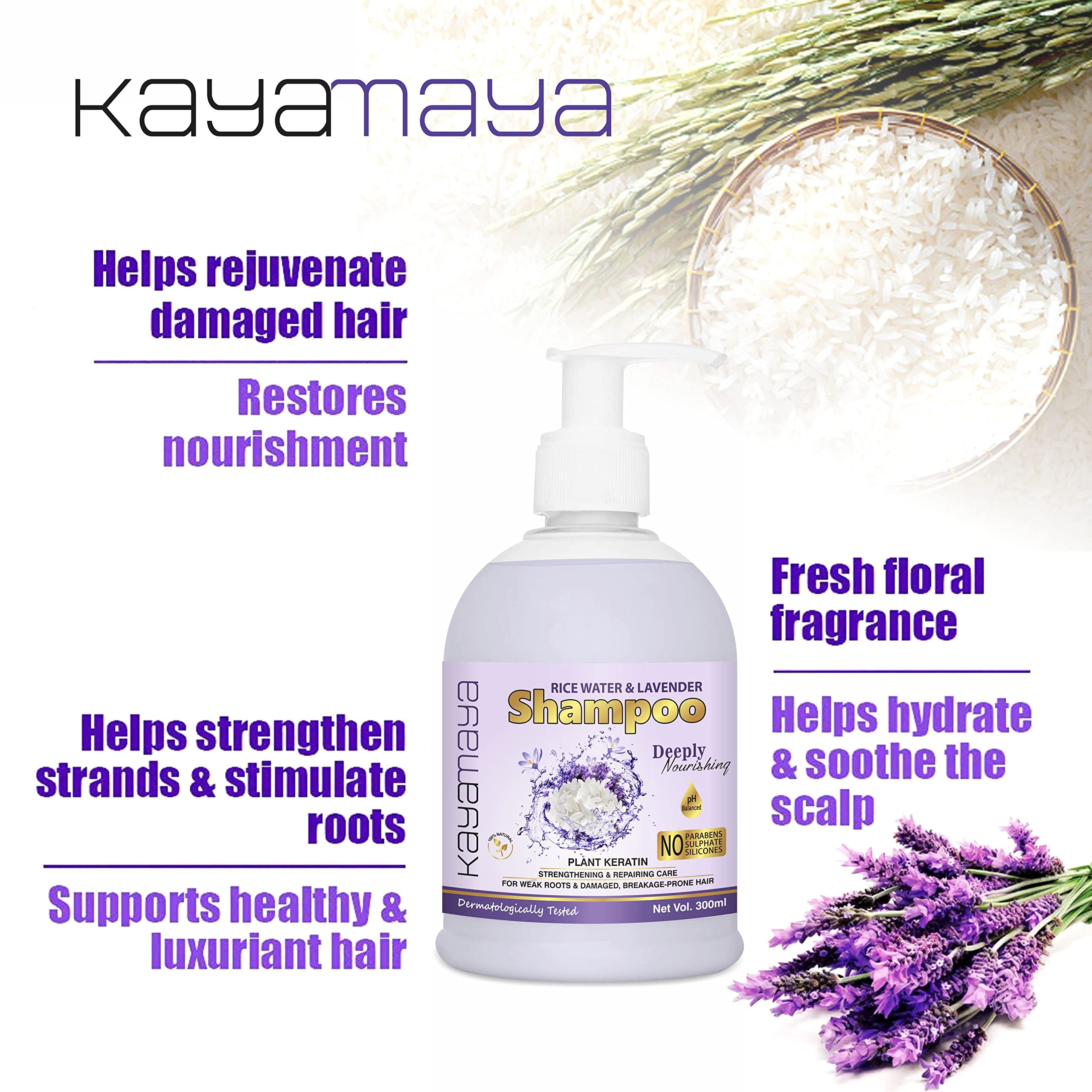 Kayamaya Rice Water Shampoo with Rice Keratin & Lavender Oil - Repairing Treatment for Damaged, Dry, Frizzy Hair - 300mL - Perfect for Daily Hair Care & Salon-Quality Results at Home