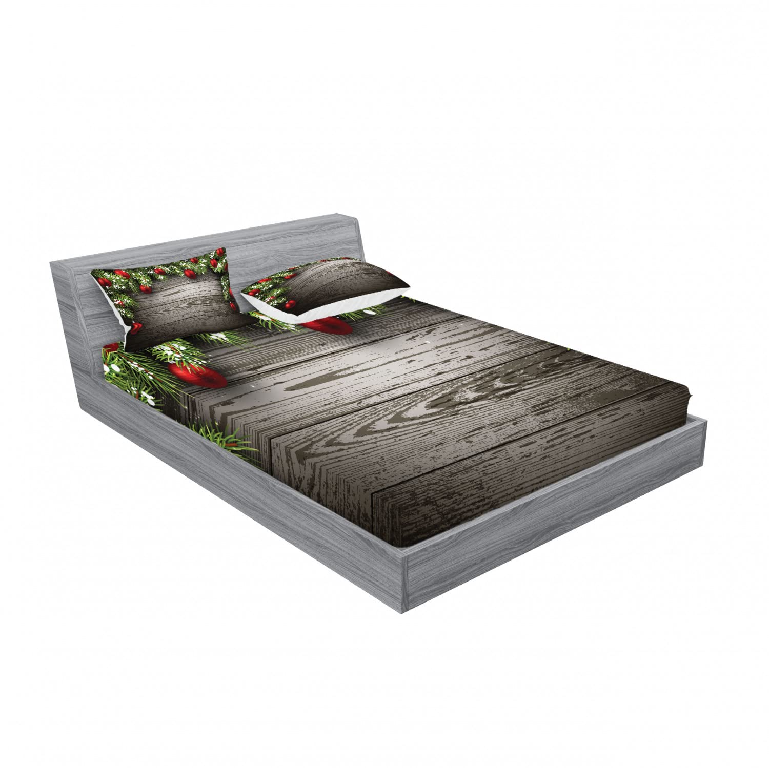 Ambesonne Christmas 2-Pack Queen Size Fitted Sheet Set with 4 Pillow Shams - Red Ornaments & Fir Branch Holiday Bedding Decor (Brown/Red) - Perfect for Festive Bedroom Decorations, Holiday Guest Rooms & Cozy Winter Nights