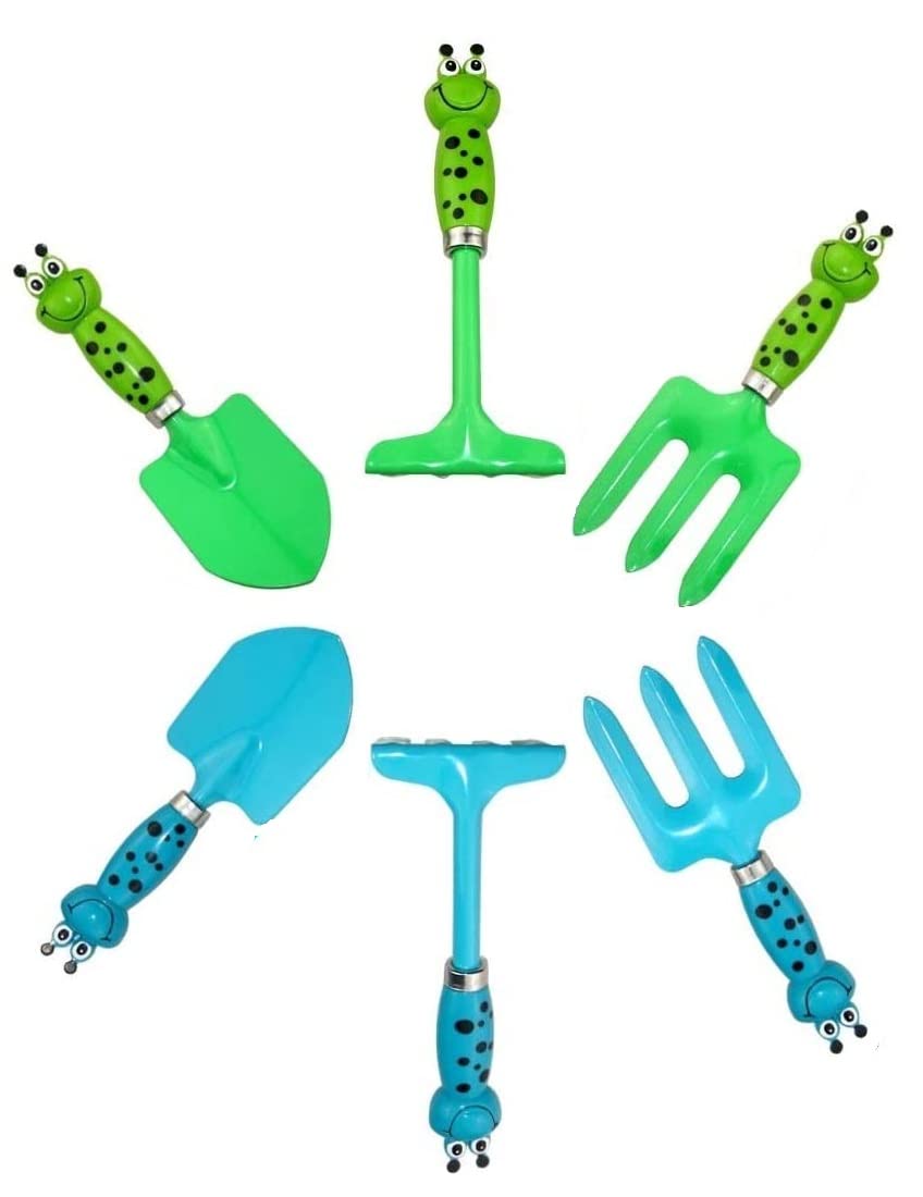 **6-Piece Kids Gardening Tool Set with Frog Handle (Blue & Green) - Sand Shovel, Beach & Sandbox Toy, Garden Hand Tools - Perfect for Outdoor Play, Birthday Party Favors & DIY Projects**