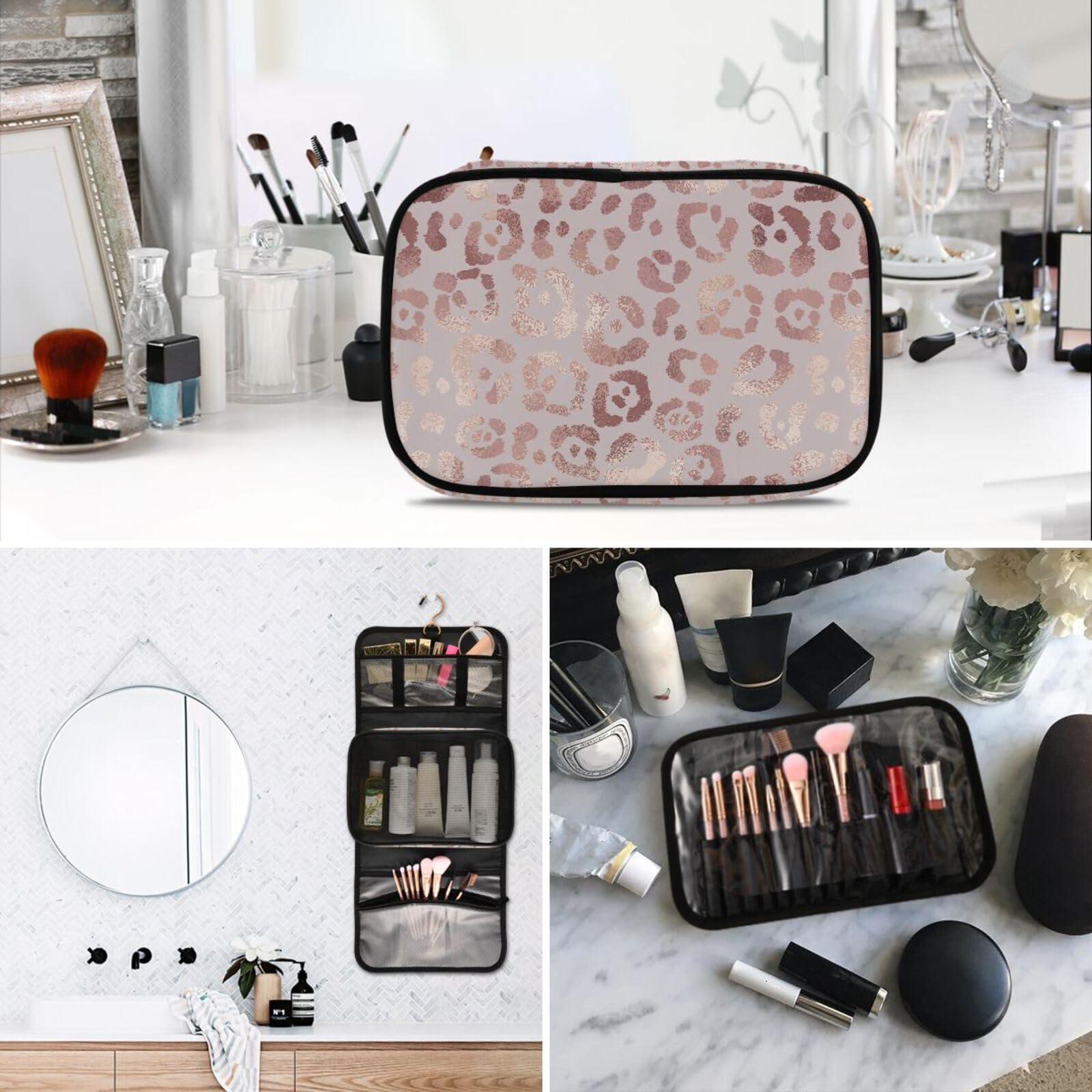 Elegant Rose Gold Leopard Print Hanging Toiletry Bag Set - 3 PCS Travel Makeup Organizer with Clear Compartments | Portable Cosmetic Storage for Women | Perfect for Vacation, Gym, Camping & Business Trips