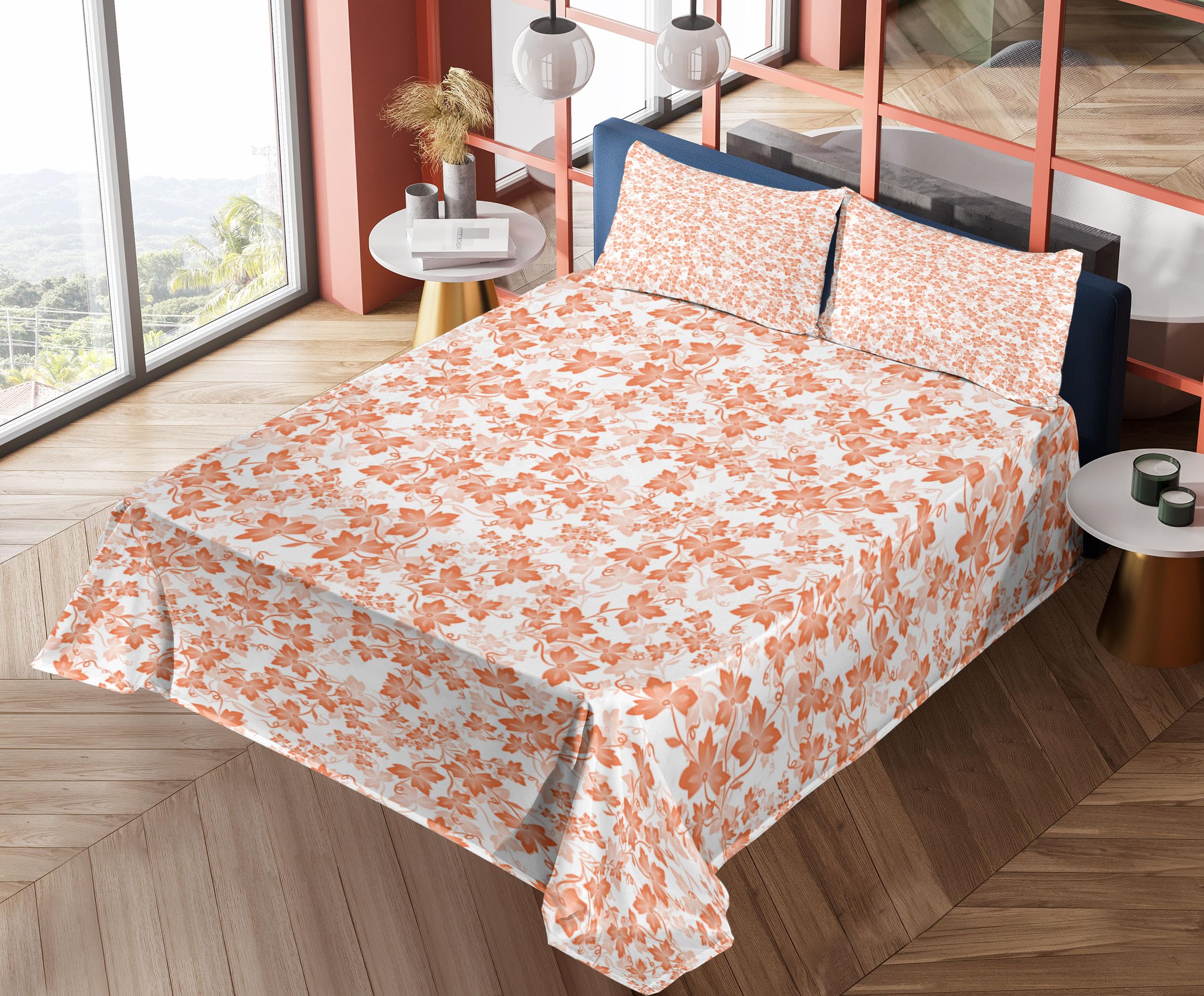 Ambesonne Autumn Sheet Set - Fall Foliage Gradient Art Design, 4-Piece King Size Bedding with Fitted Sheet, Flat Sheet & Pillowcases in White Peach | Cozy Seasonal Home Decor for Fall & Thanksgiving