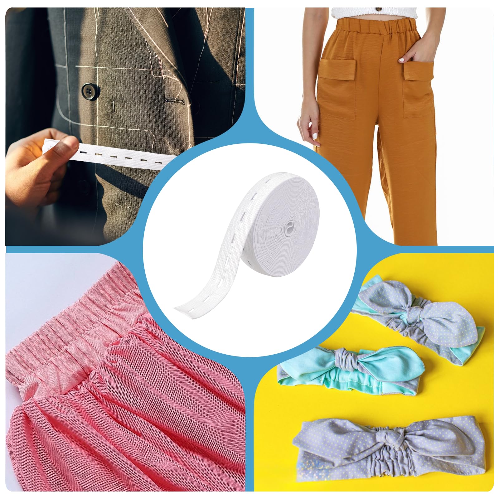 3/4 Inch High Elasticity Knit Elastic Band for Sewing - DIY Craft Supplies with 5PCS 18mm White Buttons & Buttonholes, Spool Pant Waist Tightener (5.5 Yards, White) - Perfect for Waistbands, Face Masks & DIY Clothing Accessories