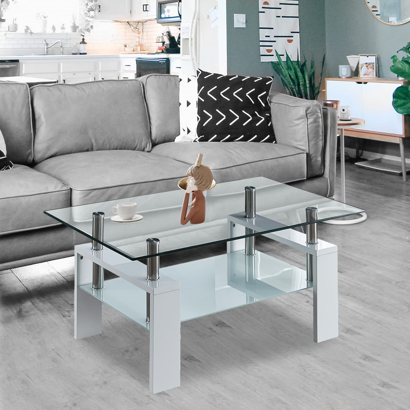 Modern Rectangular Coffee Table with Frosted Glass Shelf & Wooden Legs - Sturdy Living Room Cocktail Table, Sofa Side Table, TV Stand for Bedroom - Perfect for Entertaining, Relaxing & Home Decor