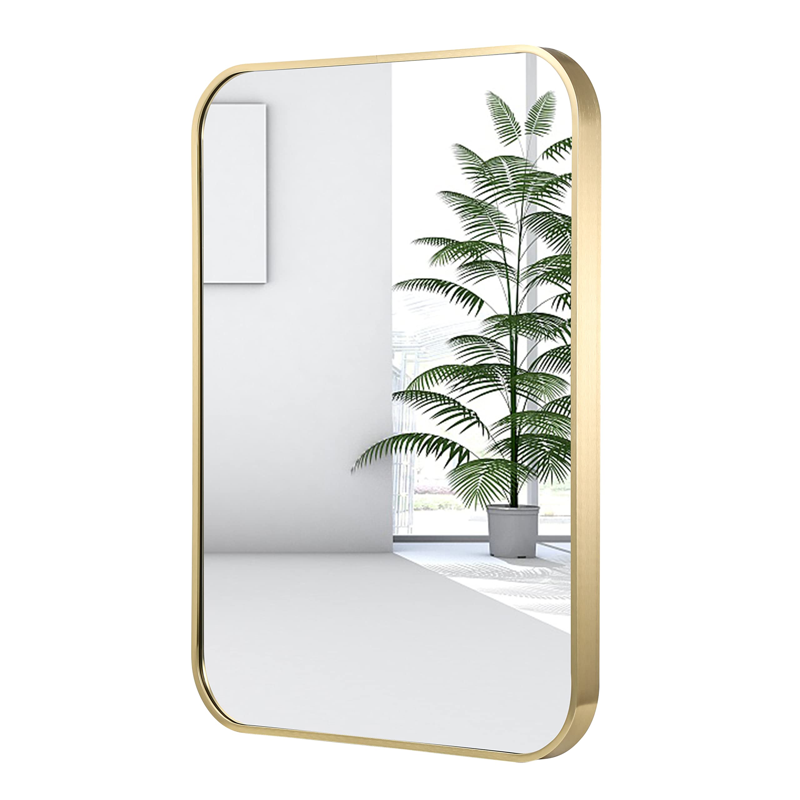 22x30 Inch Gold Bathroom Mirror - Brushed Brass Metal Frame with Rounded Corners - Elegant Rectangular Vanity Mirror for Bathroom, Bedroom or Living Room - Perfect for Makeup, Decor & Wall Mounting (Horizontal/Vertical Installation)