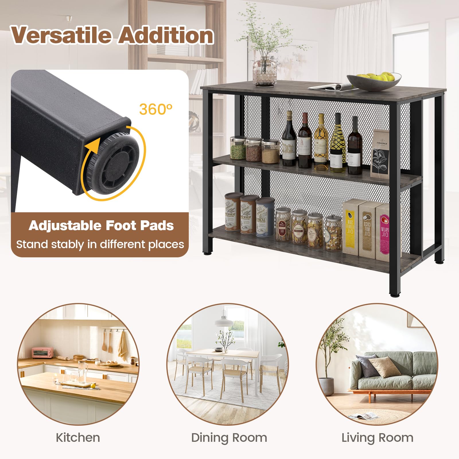 COSTWAY 3-Tier Home Bar Table with Storage Shelves | Metal Frame Bar Cabinet with Adjustable Foot Pads | Kitchen Island, Dining Room & Breakfast Corner Bar Unit (Grey) | Perfect for Small Space Entertaining & Compact Home Bars
