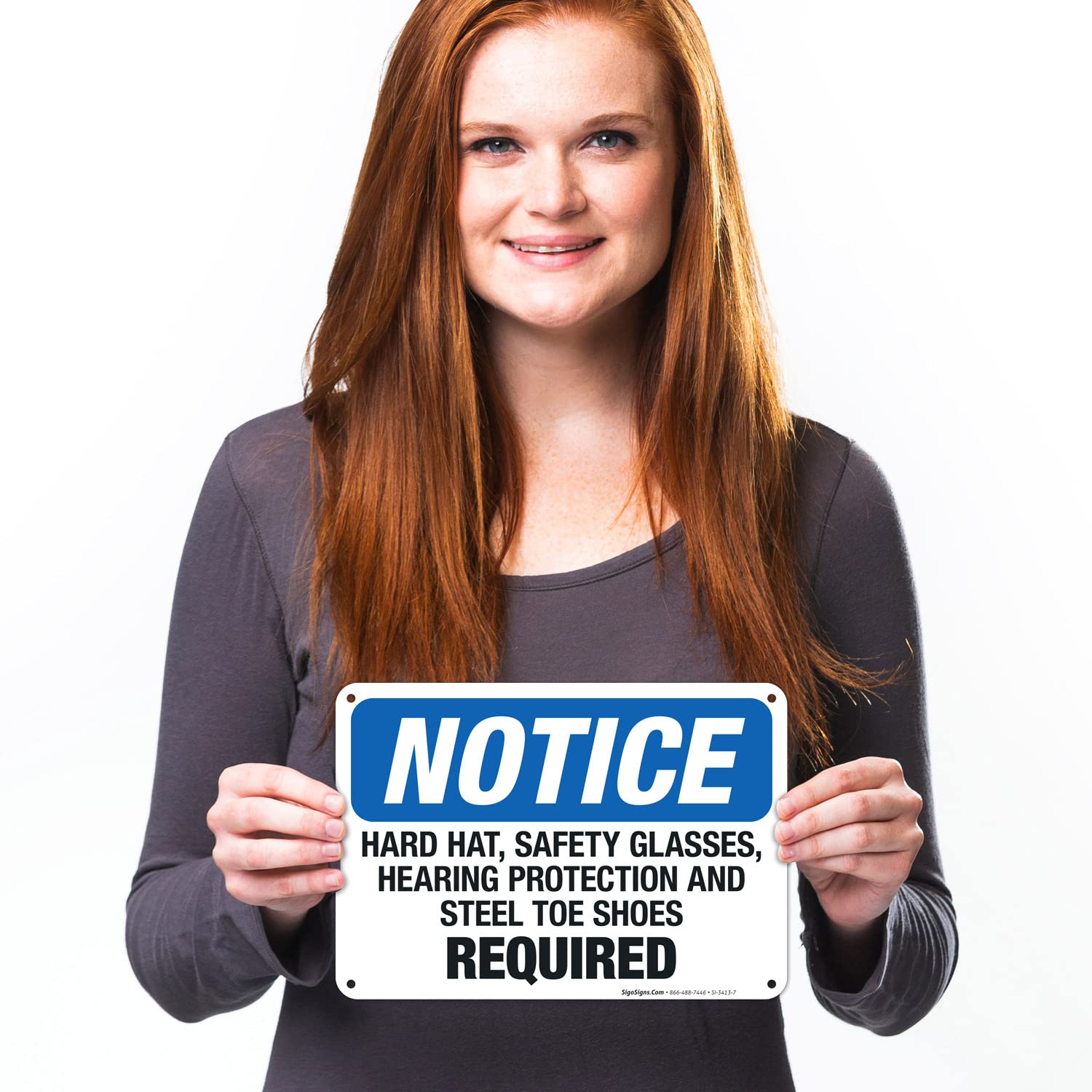 OSHA Compliant Hard Hat, Safety Glasses, Hearing Protection & Steel Toe Shoes Required Sign - 10x7 Inch Rust-Free .040 Aluminum Safety Sign for Construction Sites & Workplaces - Fade Resistant, Indoor/Outdoor Use - Made in USA