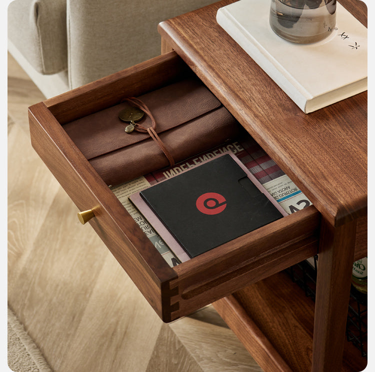 Black Walnut Solid Wood Narrow Nightstand - Modern Bedside Table with Drawer for Bedroom, Living Room & Small Spaces - Perfect for Storage & Décor