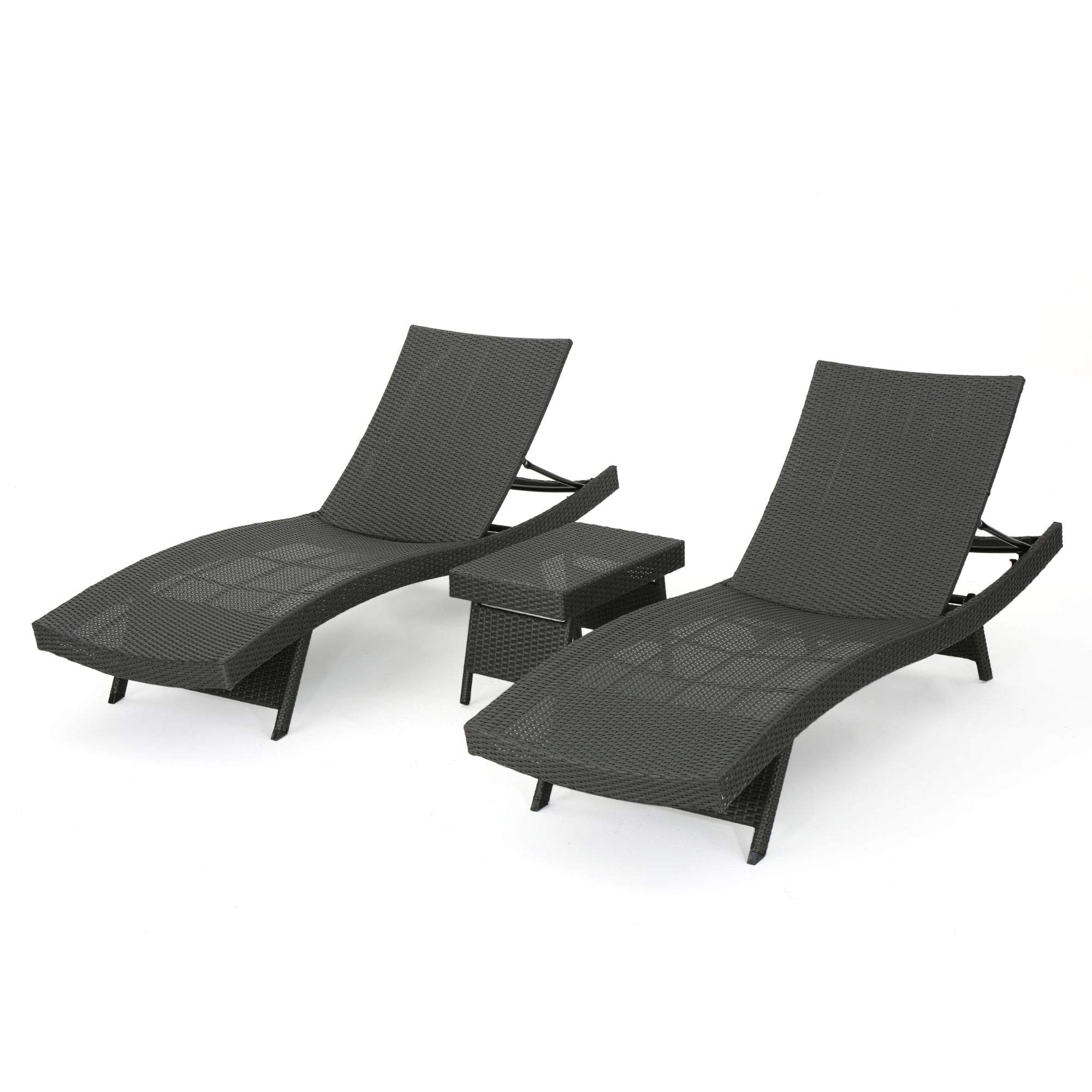 Modern 3-Piece Gray Wicker Outdoor Furniture Set - Adjustable Chaise Lounges & Side Table for Patio, Poolside, Garden Relaxation & Backyard Lounging