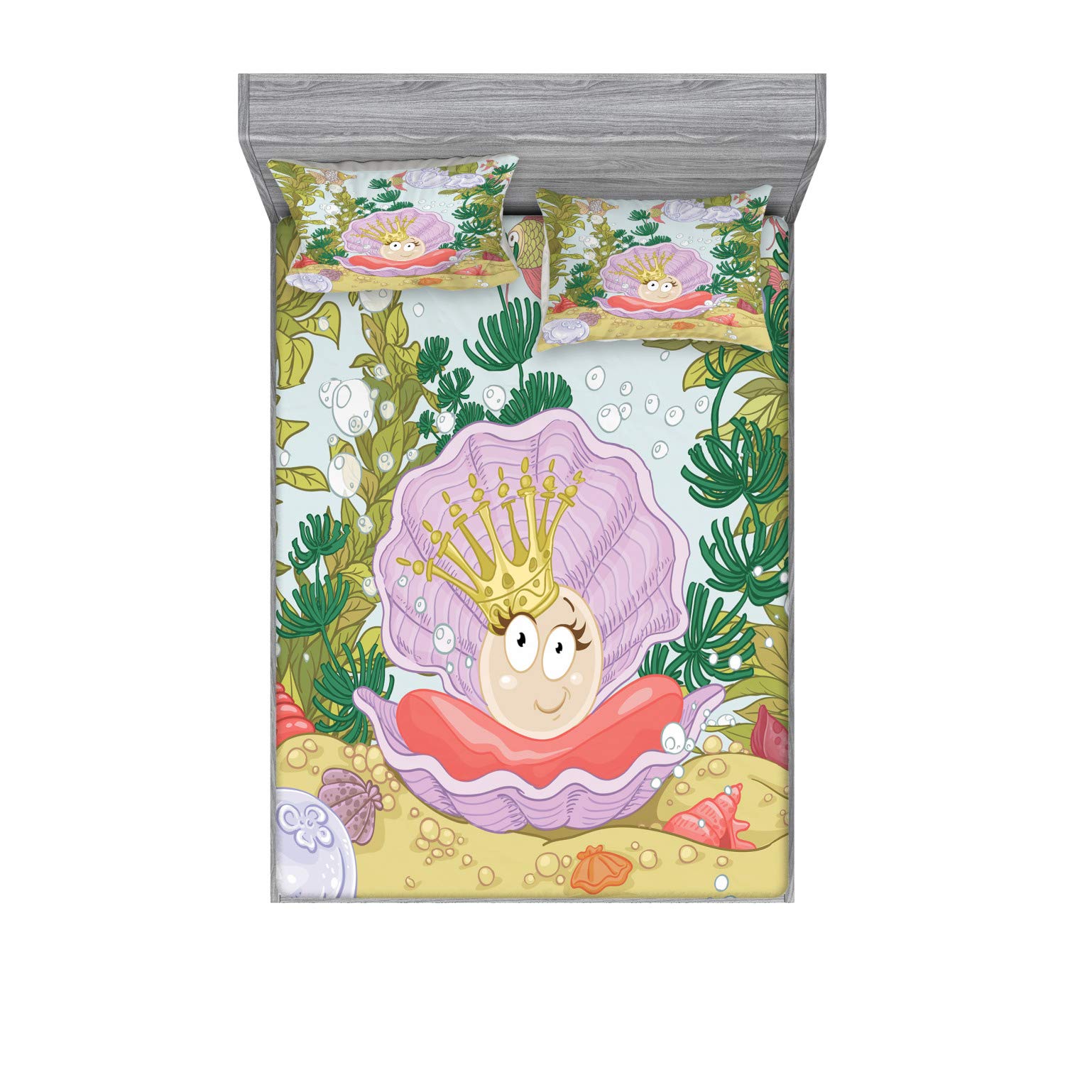 Ambesonne Pearls Fitted Sheet & Pillow Sham Set - Cartoon Pearl in Clam Crown Tiara Reef Print, 2-Piece Queen Size Bedding Set for Girls Room, Multicolor Decorative Bedroom Decor | Perfect for Kids Bedroom, Beach Theme Nursery & Princess Themed Decor