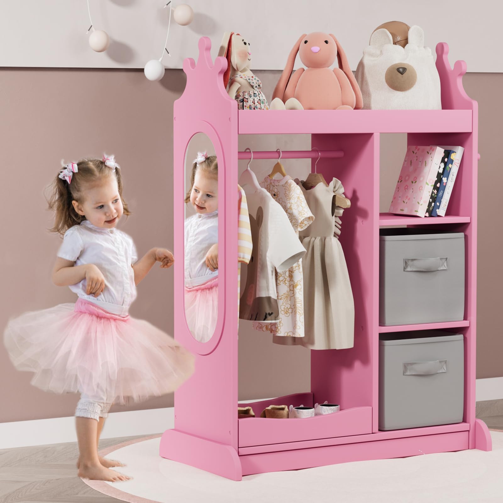 KIDINIX Kids Wardrobe with Mirror - 3-Tier Storage Shelf, 2 Fabric Bins & Shoe Rack | Pink Open Dress Up Armoire for Coats, Dance Costumes, Hats & Shoes | Perfect for Bedroom Organization & Pretend Play