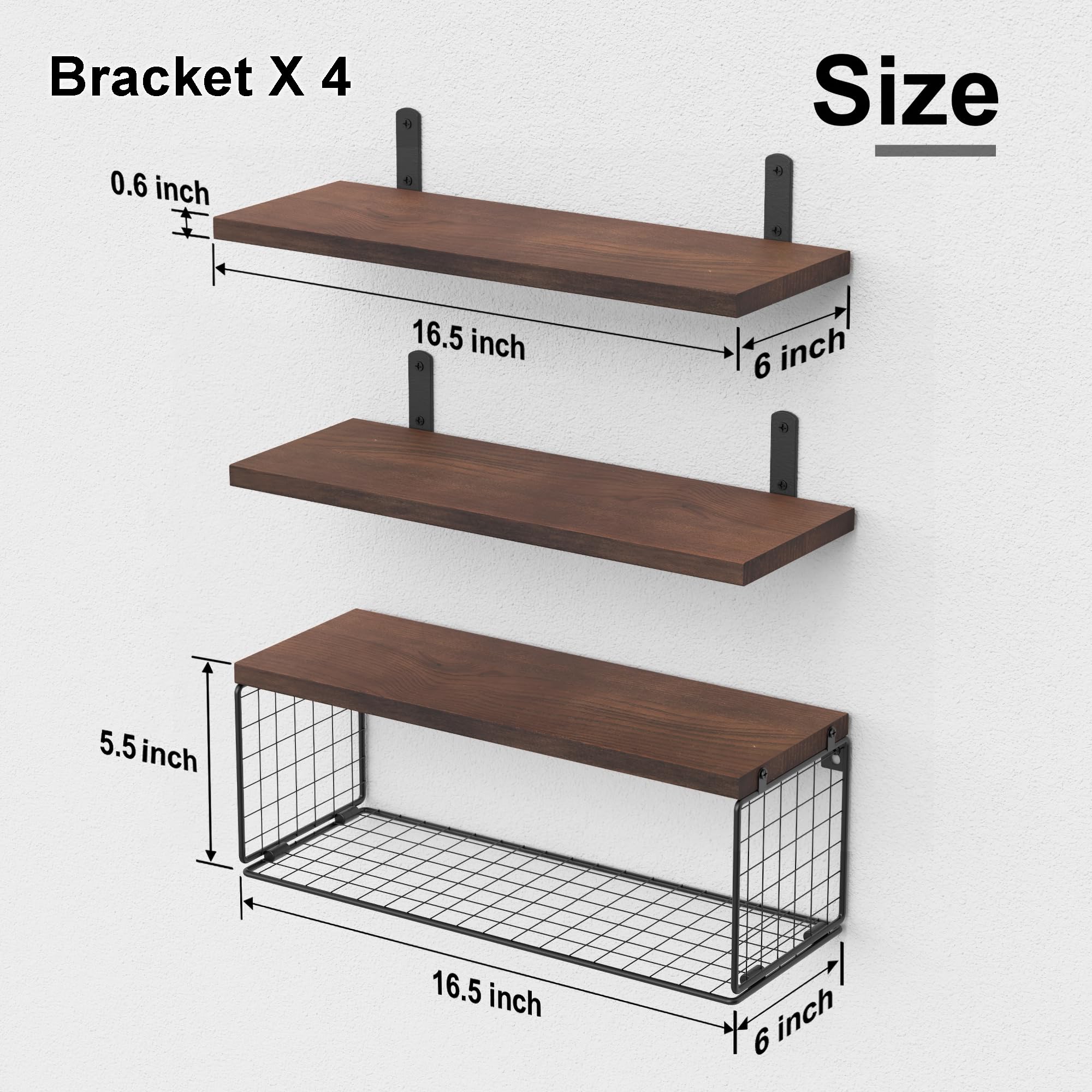 WOPITUES Rustic Brown Floating Bathroom Shelf Over Toilet - Wall Mounted Storage Organizer with Wire Basket for Towels & Decor | Space-Saving Bathroom Organization Solution for Small Spaces