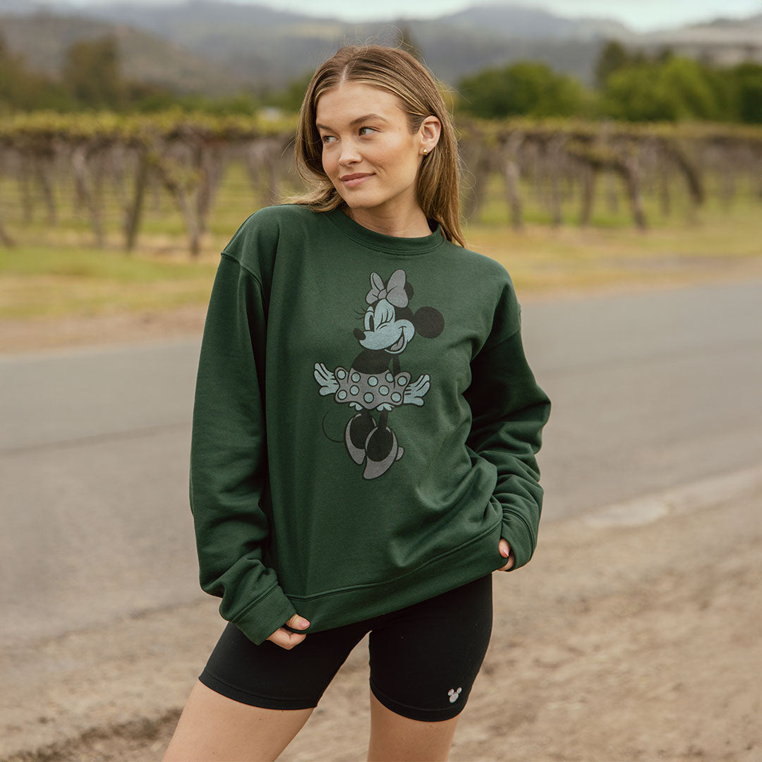 Disney Minnie Mouse Green Crewneck Sweatshirt for Women - Soft Cotton Pullover for Casual Wear, Disneyland Trips & Gift Giving