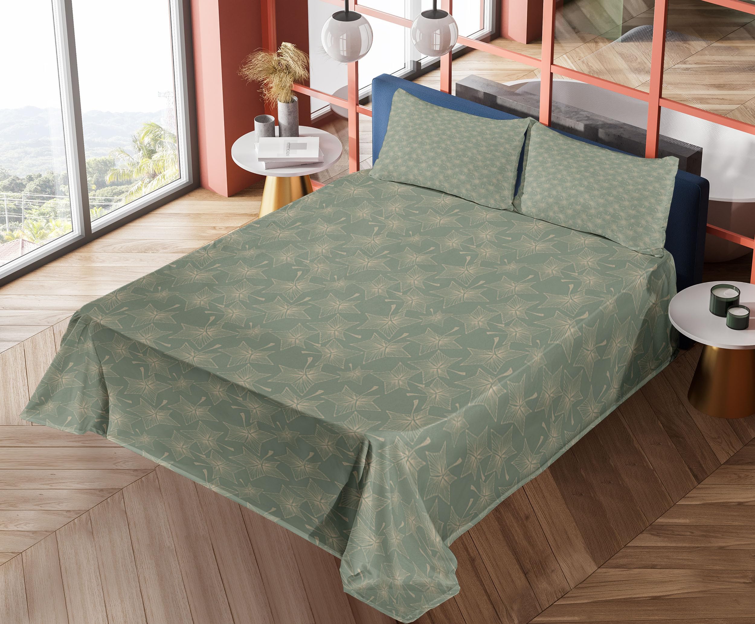 Ambesonne Abstract Autumn Leaves Star-Shaped Striped Botanical Bed Sheet Set - 4 Piece King Size with Fitted Sheet, Flat Sheet & Pillowcases in Reseda Green & Tan - Perfect for Fall-Themed Bedrooms, Guest Rooms & Cozy Seasonal Decor