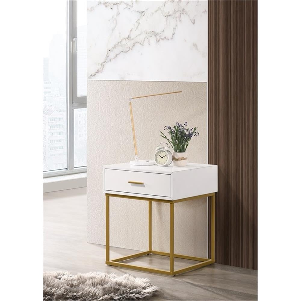 MAKLAINE White One-Drawer Nightstand with Gold Legs - Modern Bedside Table for Bedroom, Living Room & Office Storage