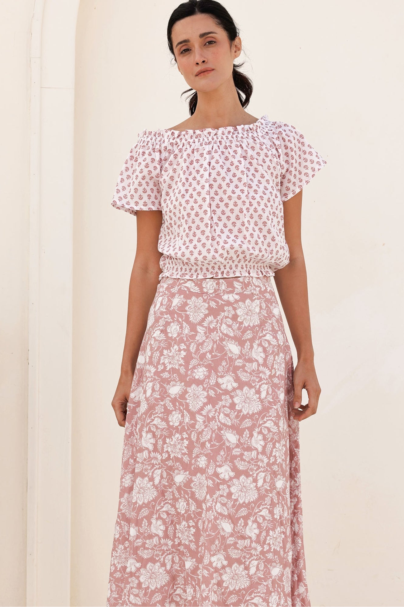 Ilana Printed Organic Cotton Top for Women | Lixus Flower White/Dusty Pink | Casual Wear, Summer Outfits, Boho Style