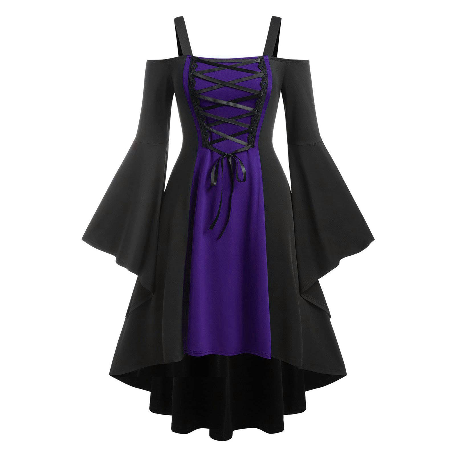 JustHIGH Women's Gothic Vintage Dress - Renaissance Medieval Color Block Stitching Off Shoulder Slip Midi Dress | Retro Dark Aesthetic for Halloween, Cosplay & Medieval Theme Parties