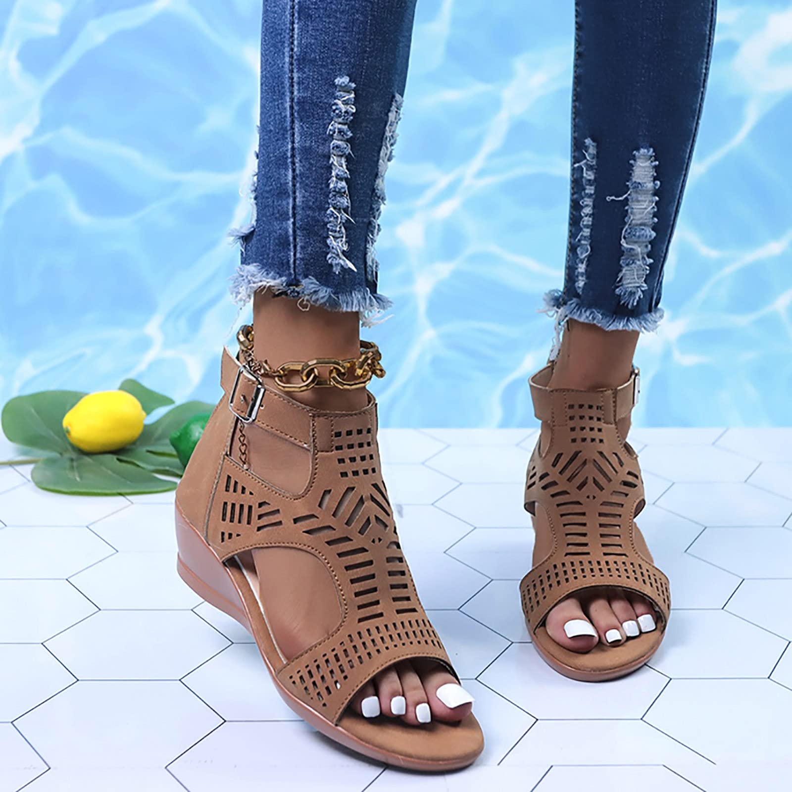 Women's Casual Buckle Cutout Peep Toe Wedge Heel Sandals - Stylish Comfort for Summer Outings, Beach Trips & Date Nights