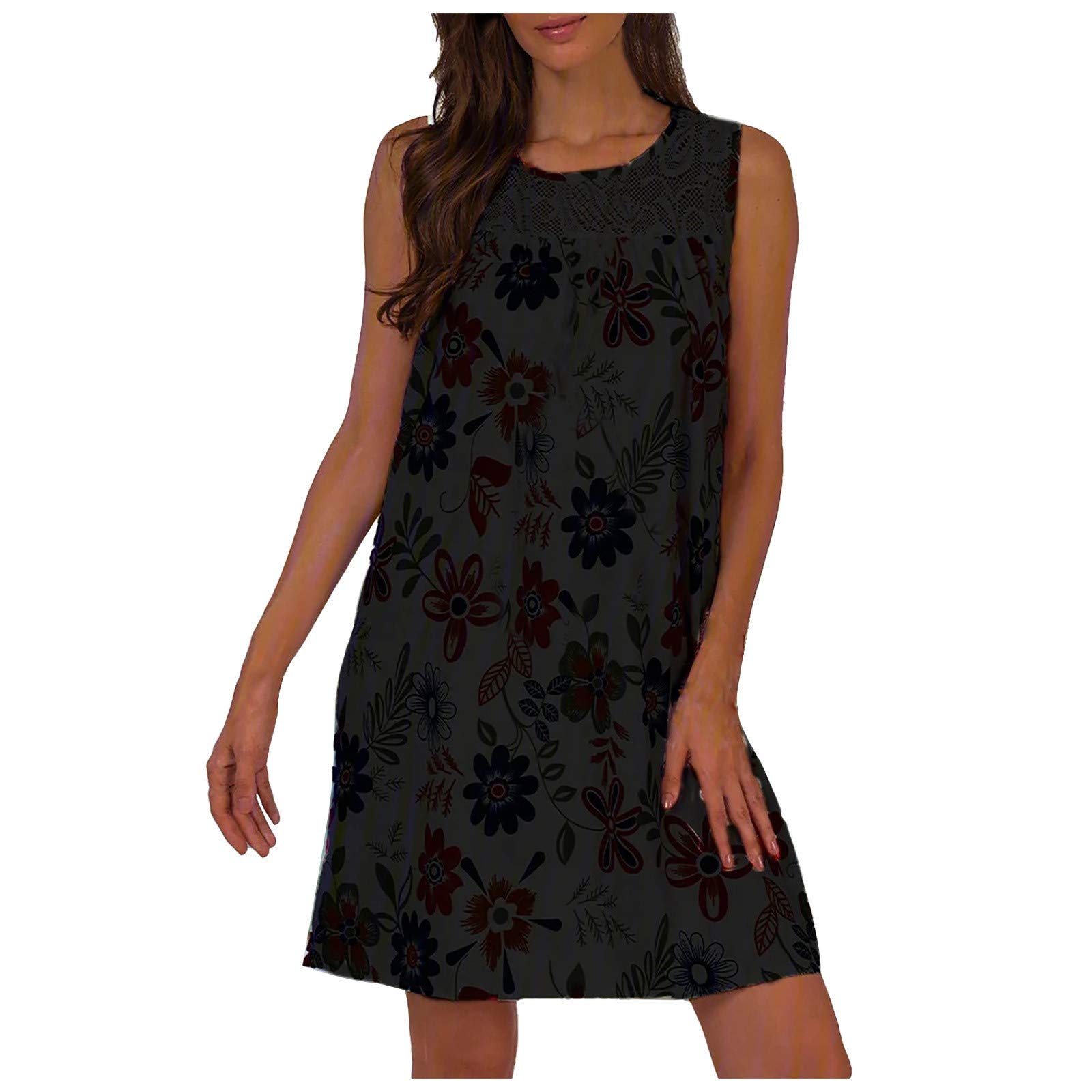 Elegant Floral Print Lace Round Neck Sleeveless Casual Dress for Women - Perfect for Summer Outings, Beach Vacations & Date Nights
