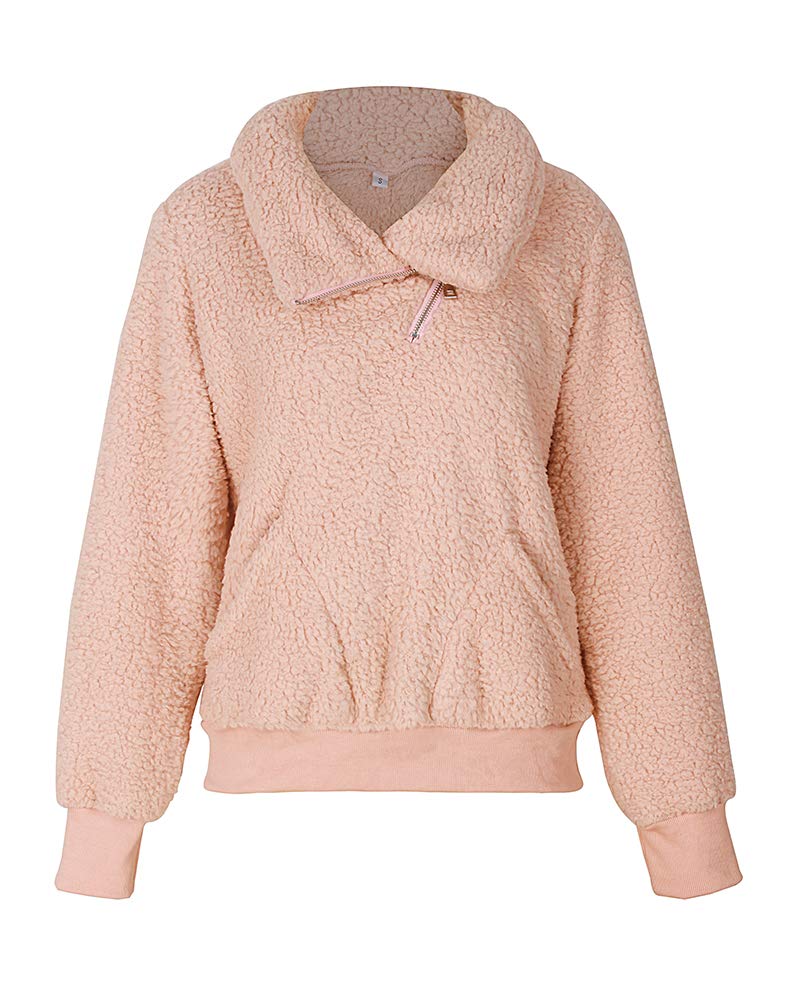 Women's Casual Turtleneck Fuzzy Fleece Sweatshirt - Long Sleeve Oblique Zipper Pullover Loose Sweater Tops Blouse with Pockets for Cozy Winter Outings