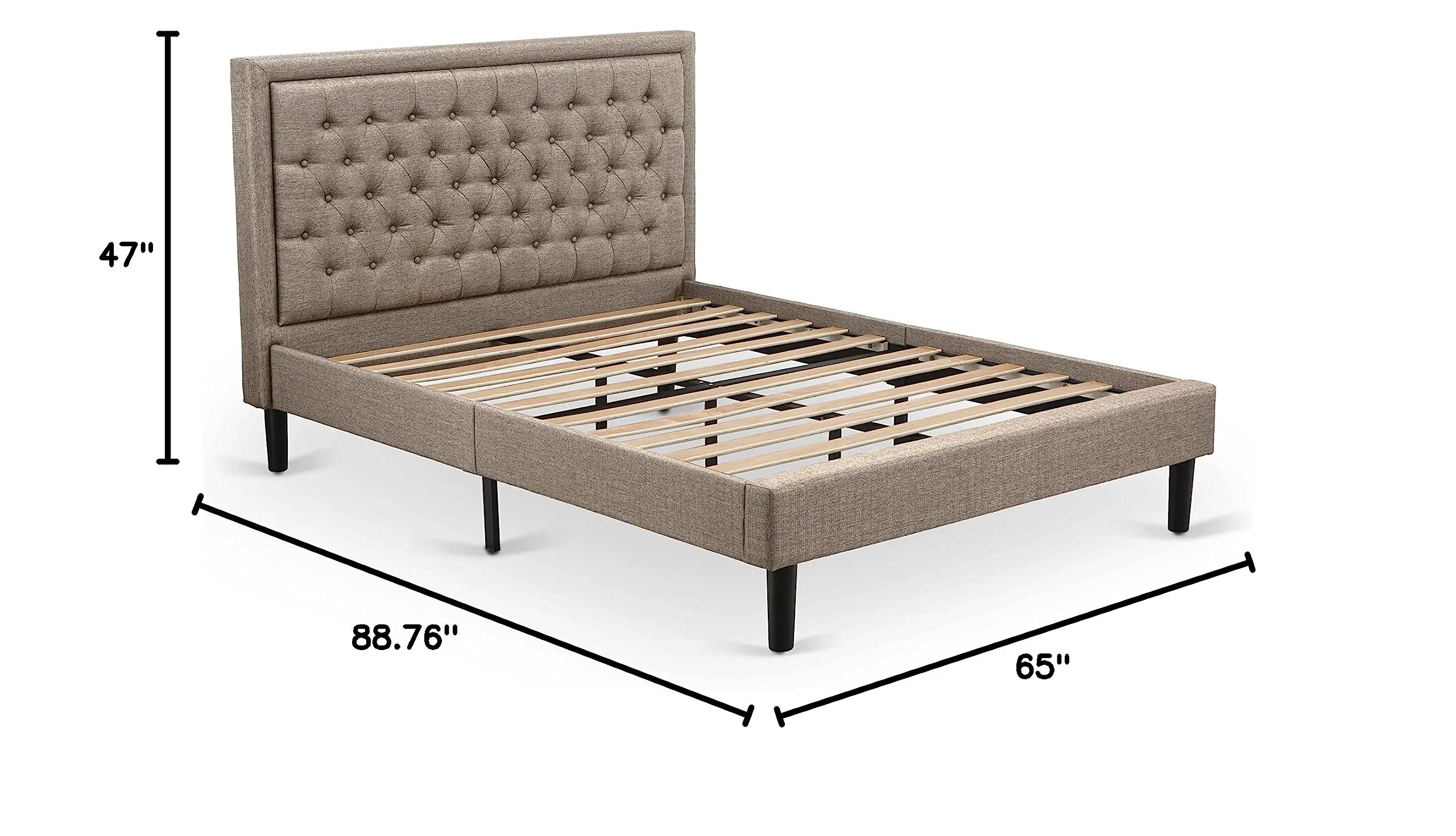 East West Furniture KDF-16-Q Queen Size Upholstered Platform Bed with Button Tufted Headboard - Dark Khaki Linen Fabric, Black Legs - Modern Bedroom Furniture for Master Bedroom, Guest Room, Apartment