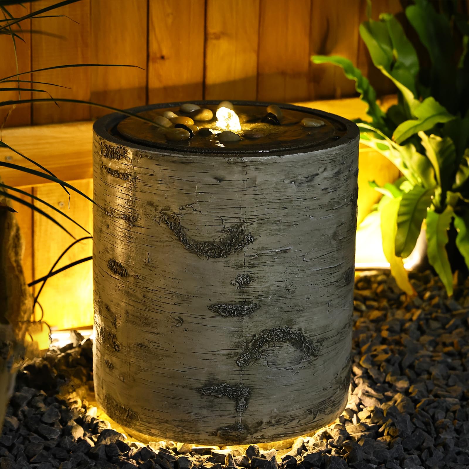 Modern LED Water Fountain with Birds - Serene Indoor Outdoor Waterfall Feature for Garden, Patio, Home Decor | Nature-Inspired Stump Design with LED Lights | 14.2 Inch Relaxing Water Feature for Meditation, Yoga & Stress Relief