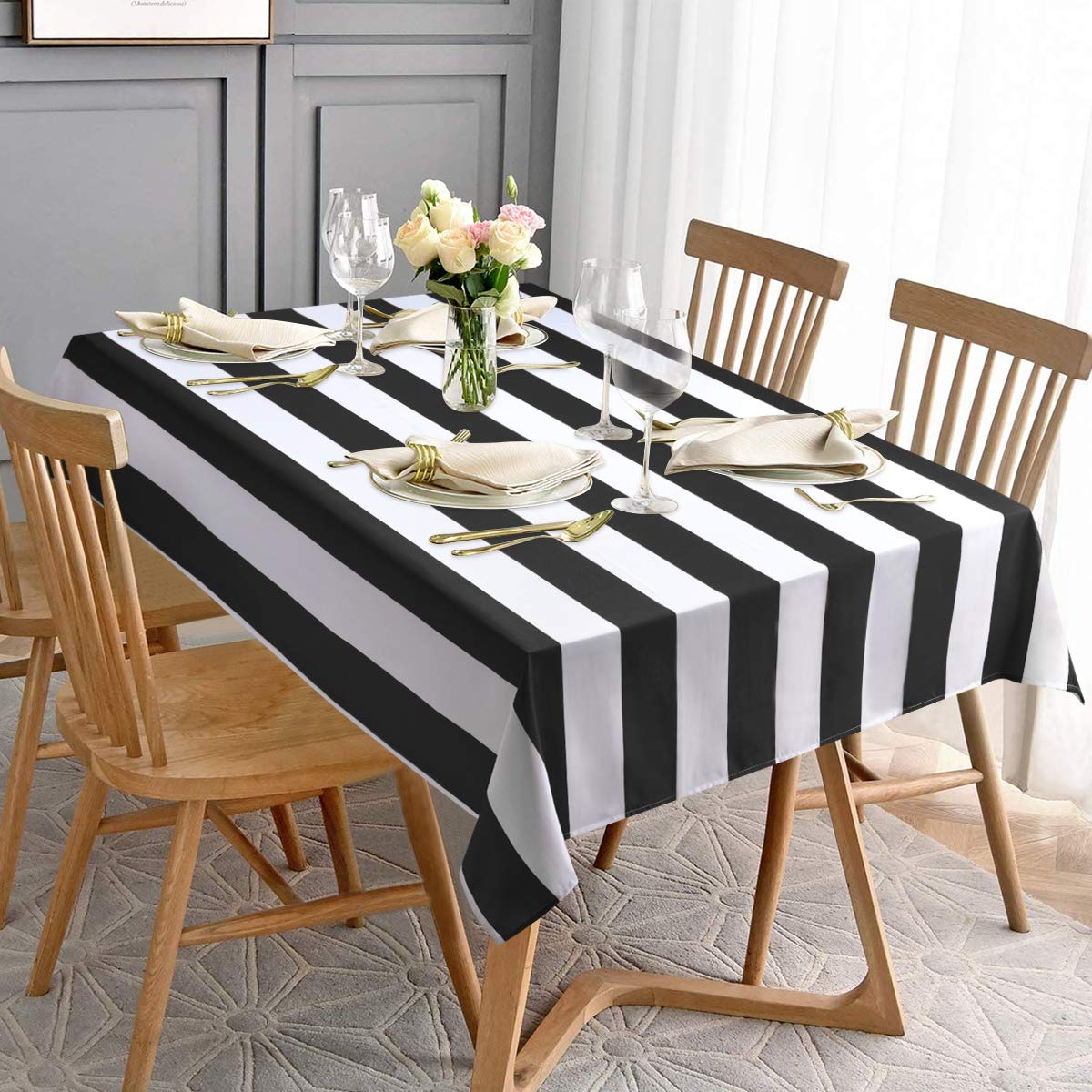 ASPMIZ Black and White Striped Tablecloth - Waterproof Polyester Rectangle Table Cover 55” x 55” for Kitchen & Dining Room - Perfect for Parties, Picnics, and Everyday Use