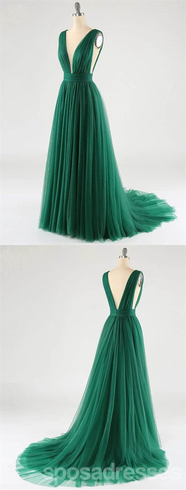 Elegant Green A-Line Deep V-Neck Open Back Long Prom Dress for Women - Perfect for Homecoming, Evening Gala & Formal Events