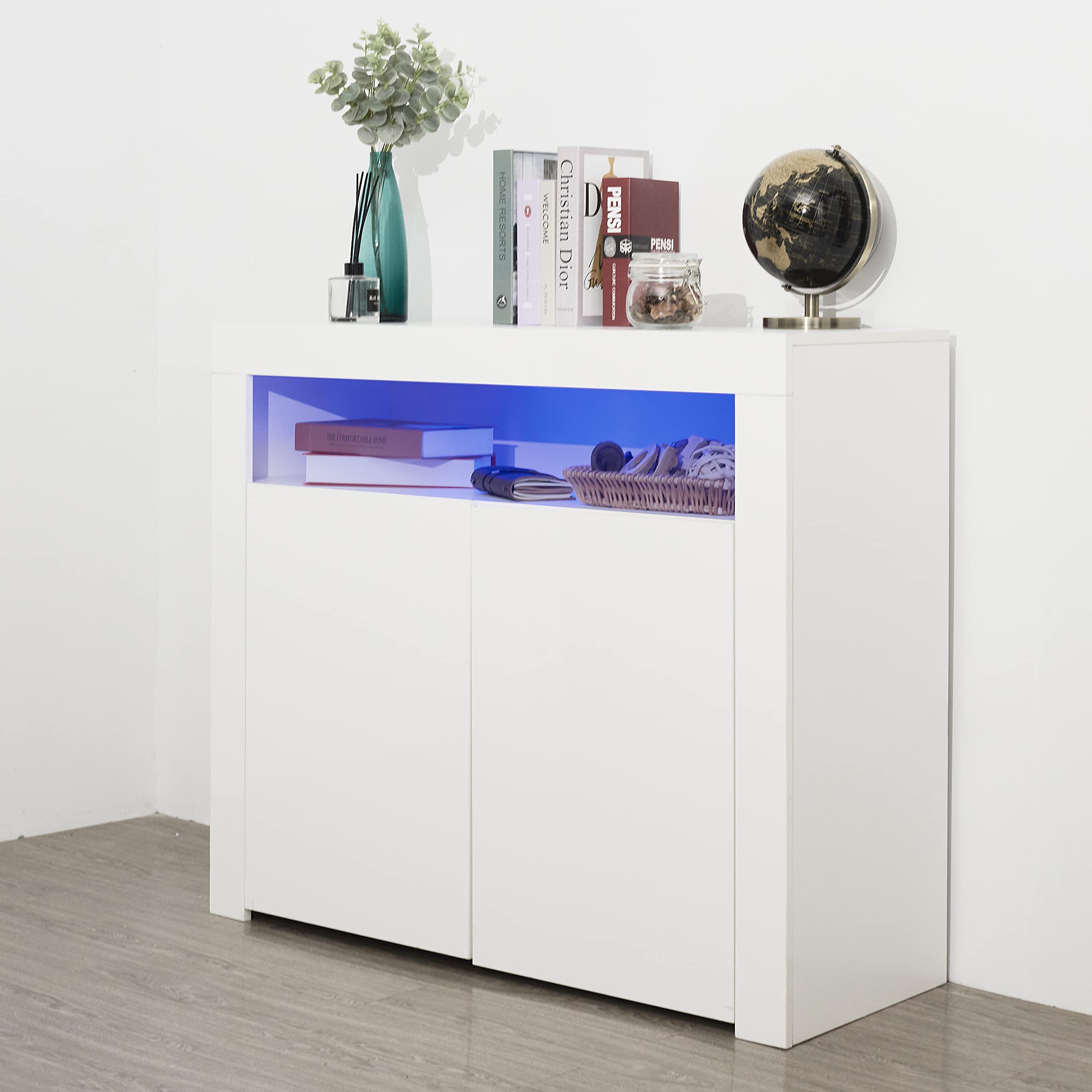 Modern White High Gloss LED Sideboard Cabinet - SHAKEN Living Room TV Stand, Kitchen Storage Buffet with 2 Doors, Hallway Display Locker for Home Decor & Entertainment Setup