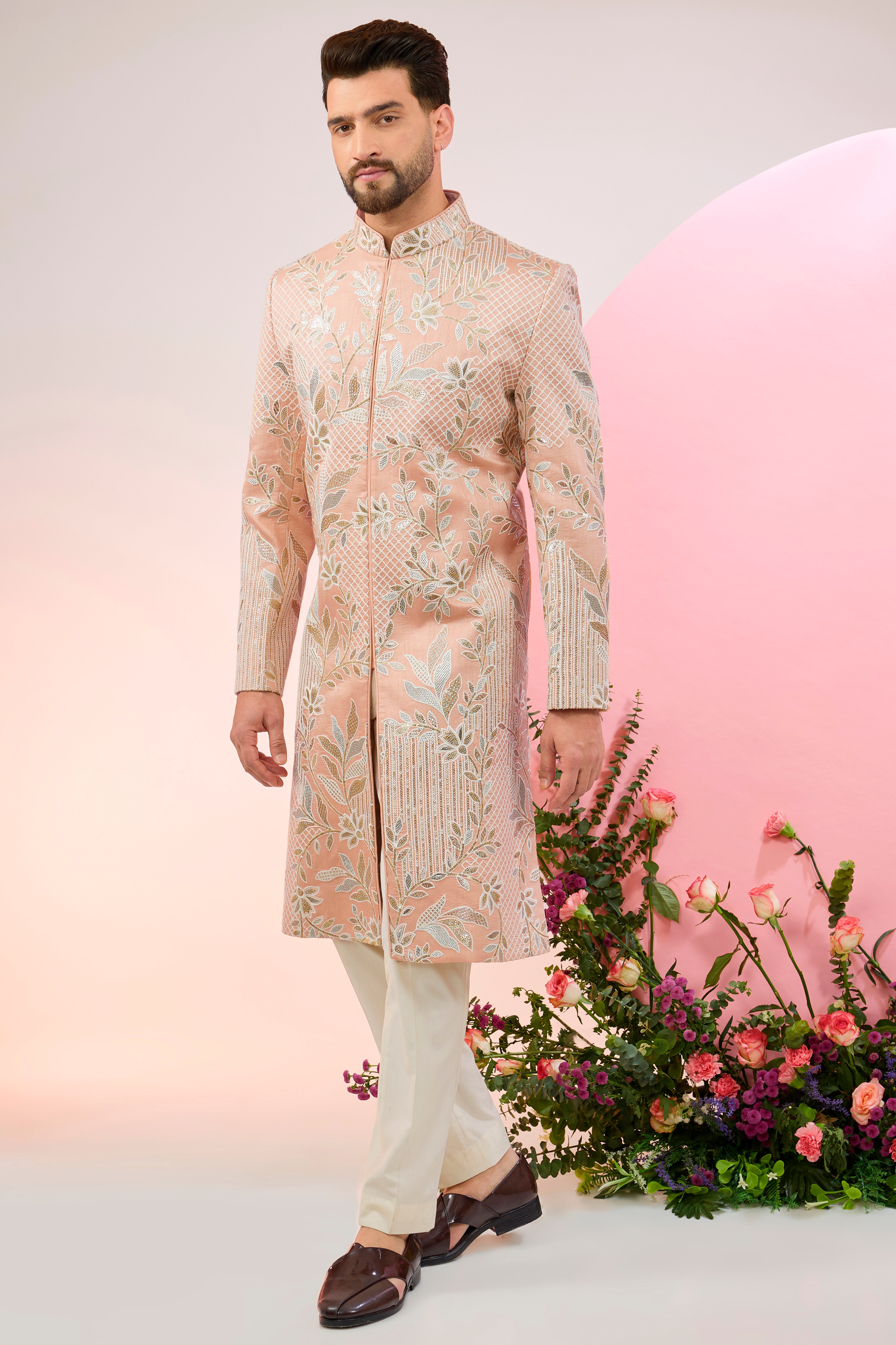 Exquisite Peach Sherwani with Intricate Floral Embroidery & Subtle Sequin Work - Perfect for Weddings, Festivals & Special Occasions