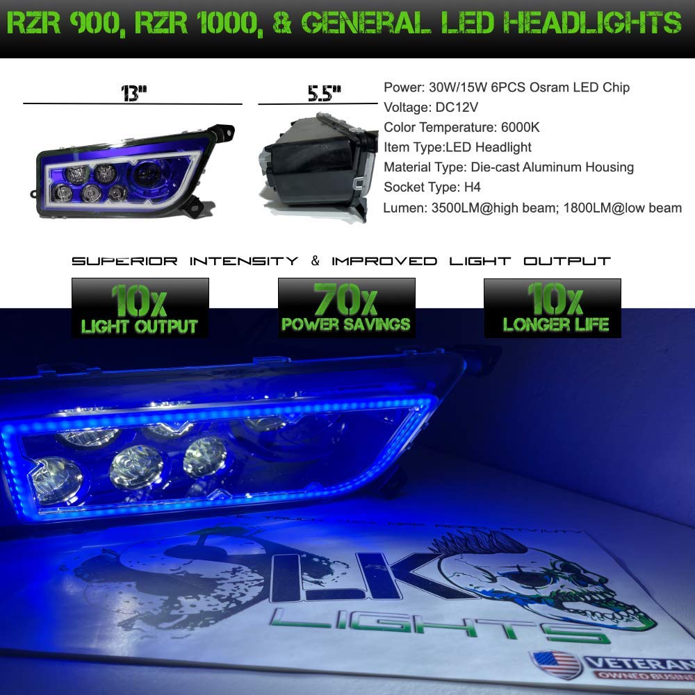 SLK-Lights Blue LED Headlight Kit for Polaris RZR 900/1000 XP Turbo & General (2015-2021) - Durable Off-Road Lighting with Blue Halo Ring - Perfect for Night Trail Riding & Off-Road Adventures