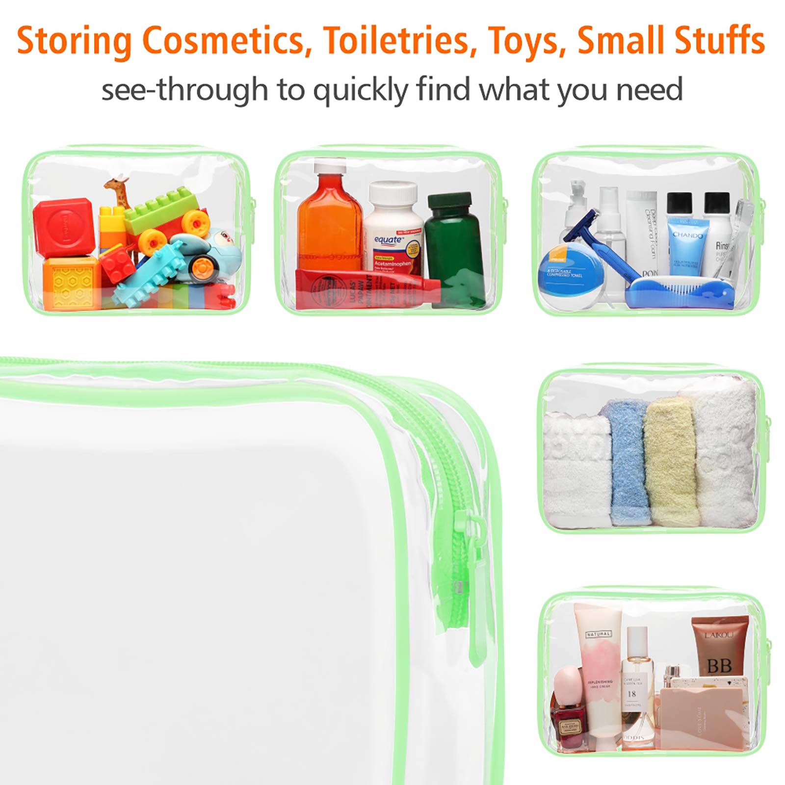 TSA Approved Clear Toiletry Bags 3-Pack - Waterproof Quart Size Travel Cosmetic Organizer for Women | Airplane Carry-On Compliant Makeup Pouch | Perfect for Airport Security, Gym & Vacation Packing (Green)