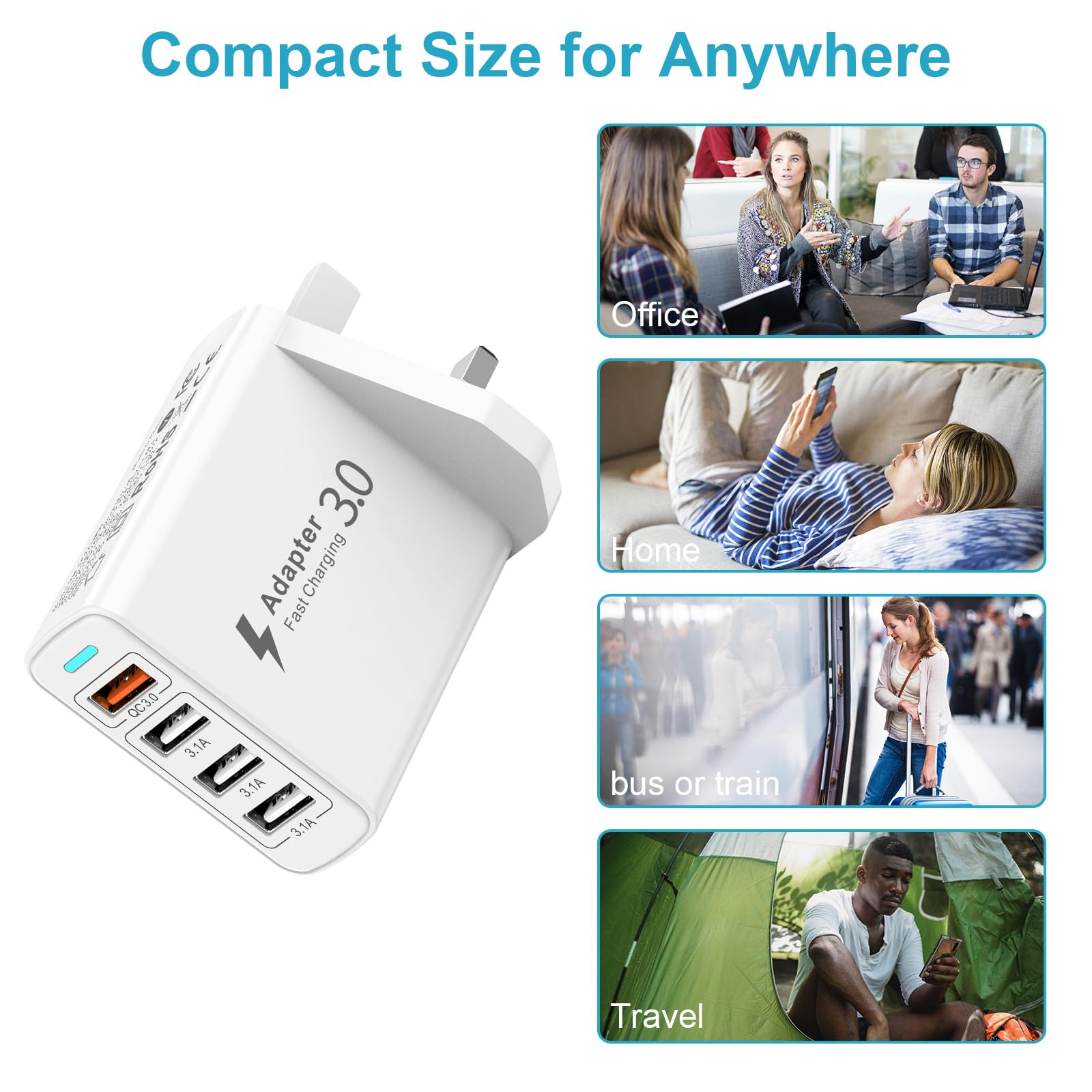 4-Port UK Multi USB Wall Charger with Quick Charge 3.0 - Fast Charging Power Adapter for iPhone 14/13/12/11/X/8/7, iPad, Samsung Galaxy S23/S22/S21, Huawei - Perfect for Home, Office & Travel Charging Multiple Devices Simultaneously