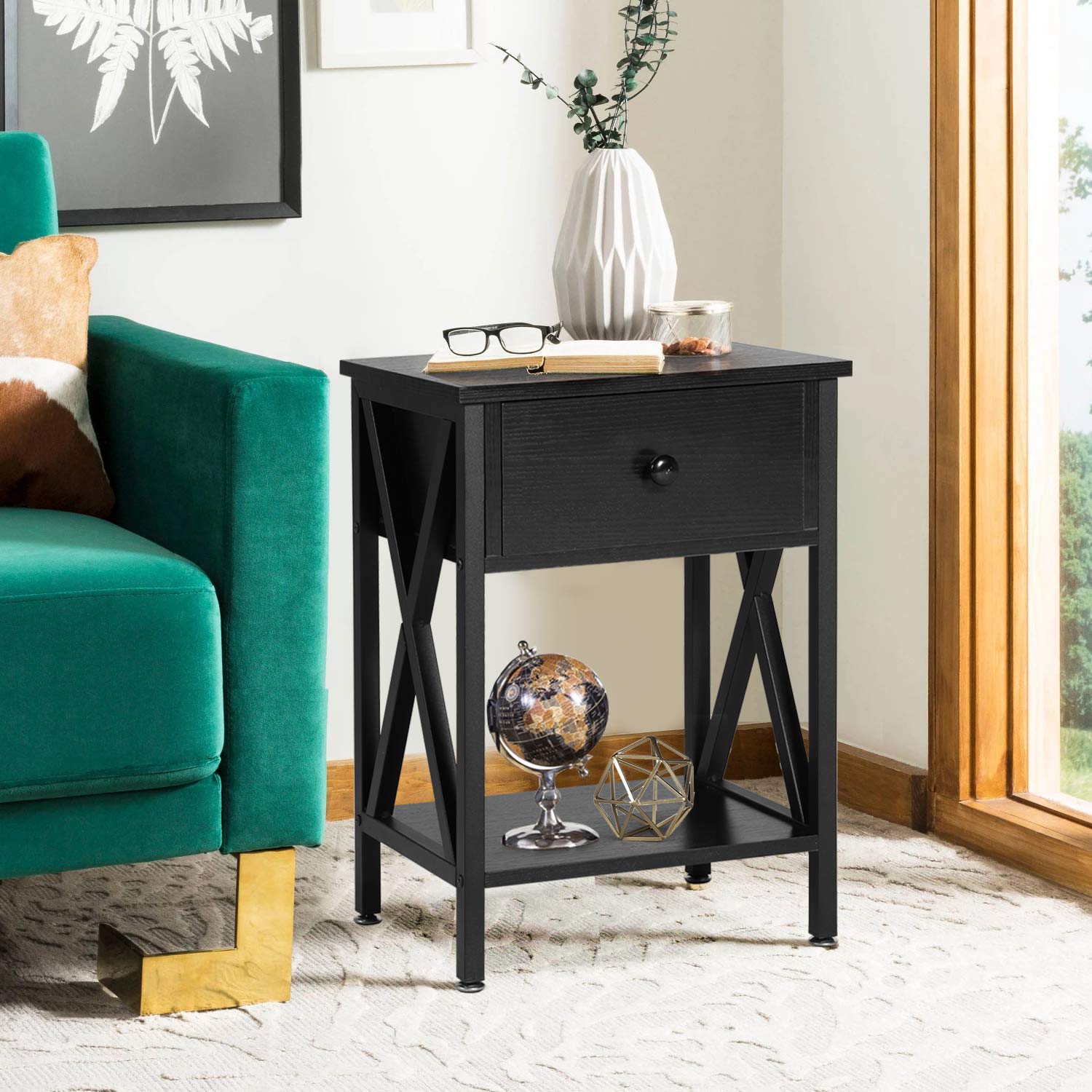 VECELO Modern Nightstand Set of 2 - X-Design Side Table with Storage Shelf & Bin Drawer for Bedroom, Living Room - Versatile End Table for Small Spaces (Black) | Perfect for Apartment, Dorm, Guest Room