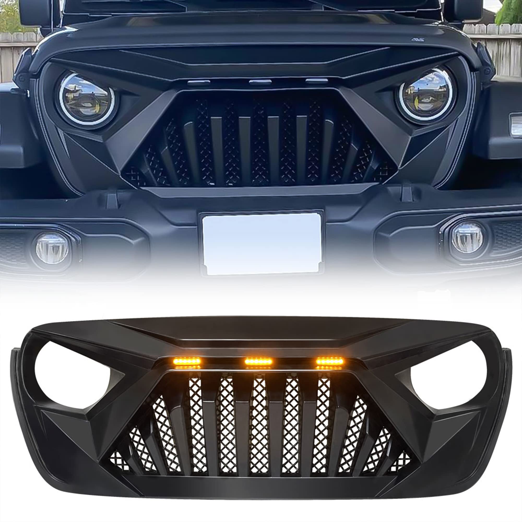 Jeep Goliath Grille with LED Amber Lights - Compatible with 2018+ Wrangler JL & 2020+ Gladiator JT (No TrailCam) - Matte Black | Off-Road Upgrade for Jeep Enthusiasts