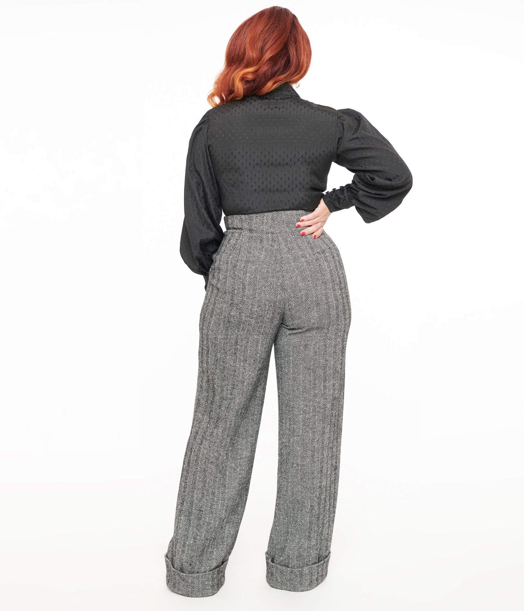 Vintage 1940s Grey Herringbone Wide Leg Trousers with Button Closure - Retro High Waist Pants for Women, Perfect for Themed Parties & Vintage Fashion Outfits