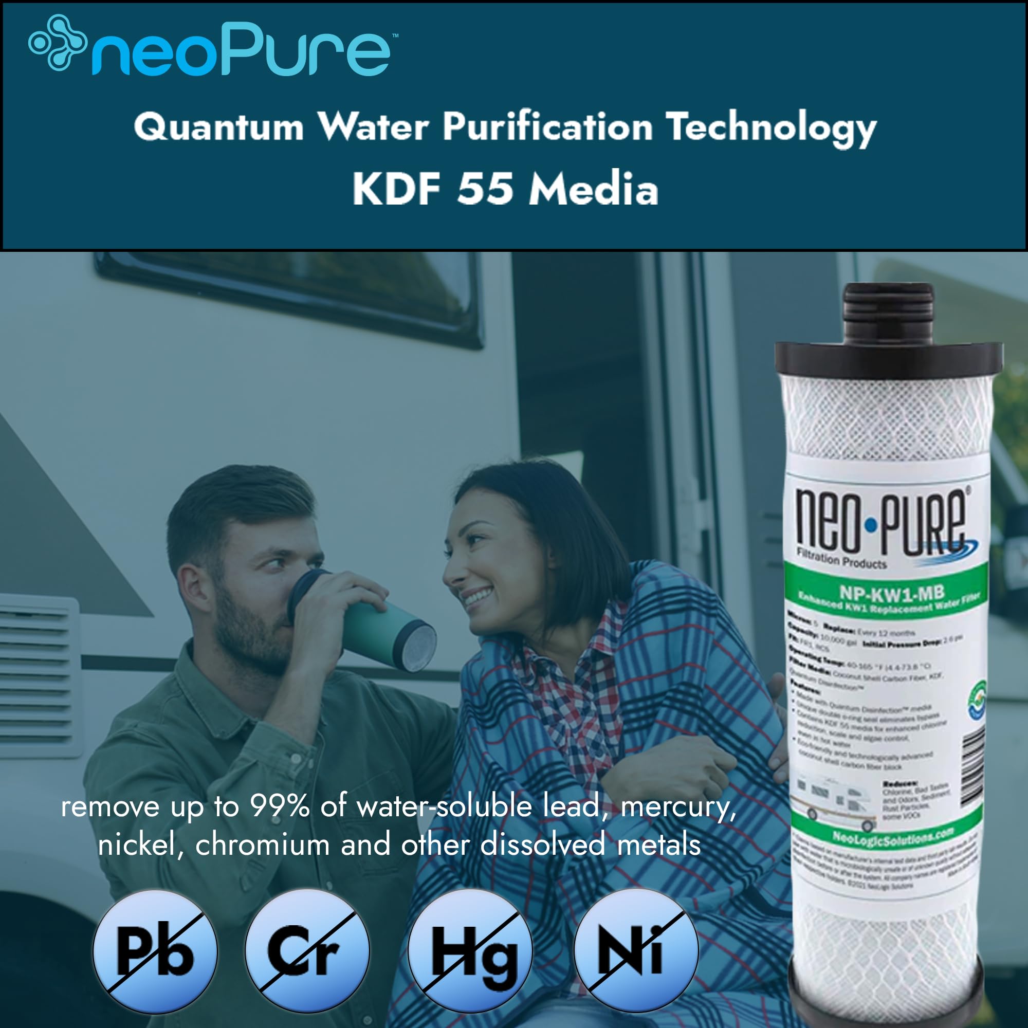 Neo-Pure NP-KW1-MB Water Filter 2-Pack - Compatible Replacement for WaterPur KW1 RV Water Filter with Quantum KDF 55 & Coconut Shell Carbon - MAX Filter Upgrade - Perfect for RV, Camping & Home Water Filtration Systems