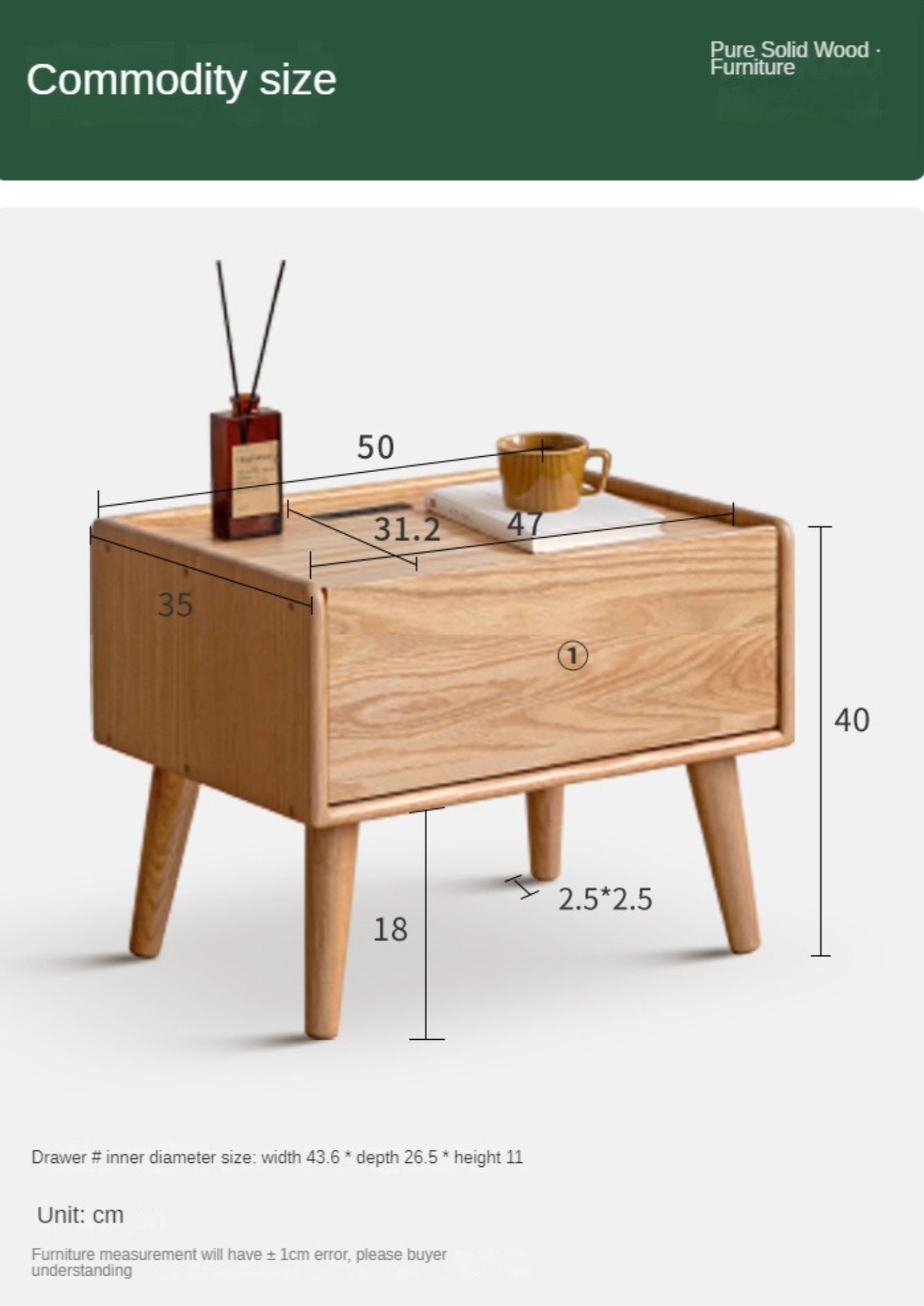 Solid Oak Wood Nightstand with Built-in USB Outlet - Perfect for Bedroom, Living Room, or Office Use