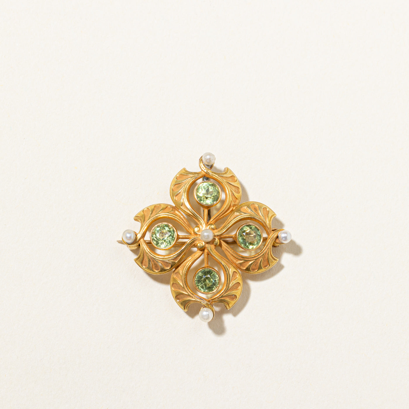 Art Nouveau Pearl & Peridot Brooch - 1.36 Carat Total Weight | Vintage Jewelry for Women, Bridal Accessories, Gift for Her, Special Occasion Wear
