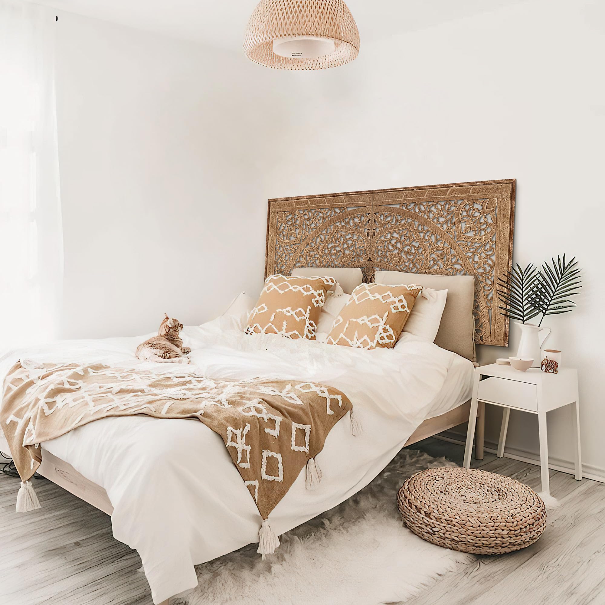 King Wood Headboard - Hand Carved Full Size Wall Mounted Headboard Panel for Bedroom Decor - Natural Finish for Cal King & Queen Beds - Perfect for Modern Farmhouse & Luxury Bedroom Designs
