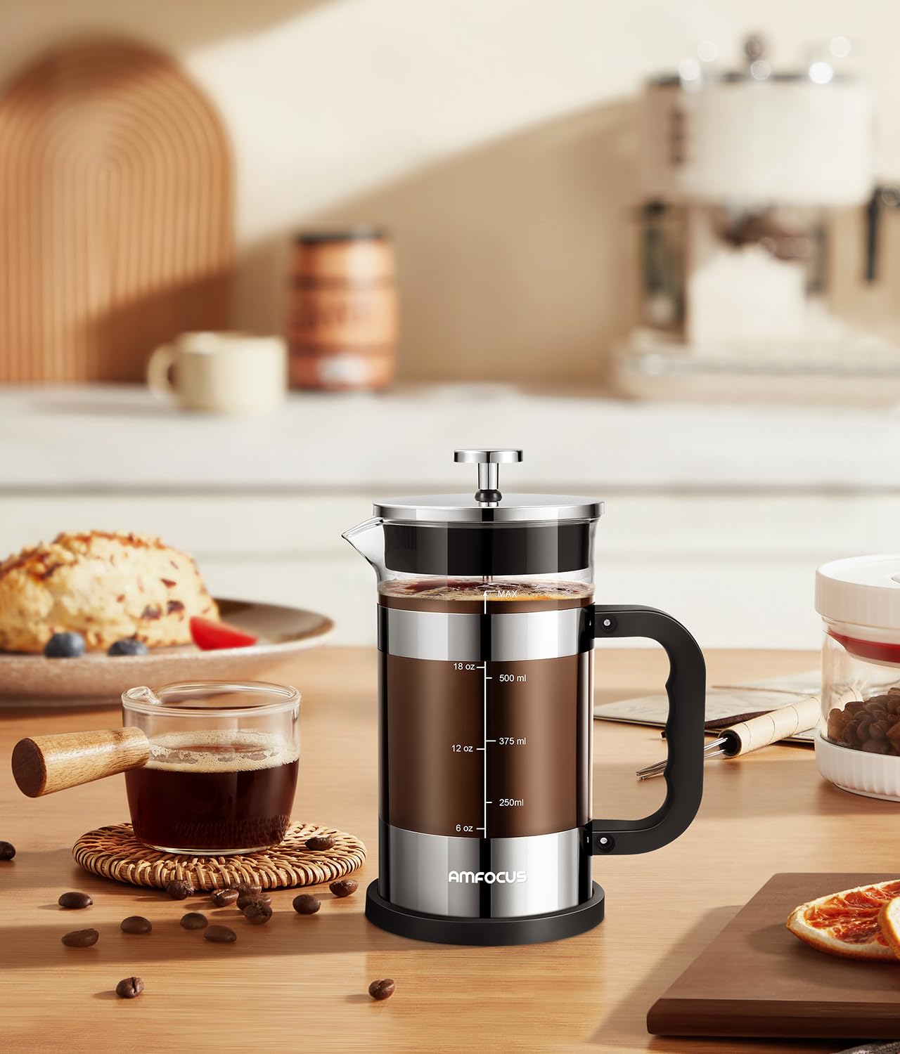 Premium French Press Coffee Maker - 21OZ Borosilicate Glass Coffee Pot with 4-Level Filtration System | Heat-Resistant & Portable for Home, Office, Travel | Ideal for Hot & Cold Brew Coffee (Silver) | Perfect Gift for Coffee Lovers