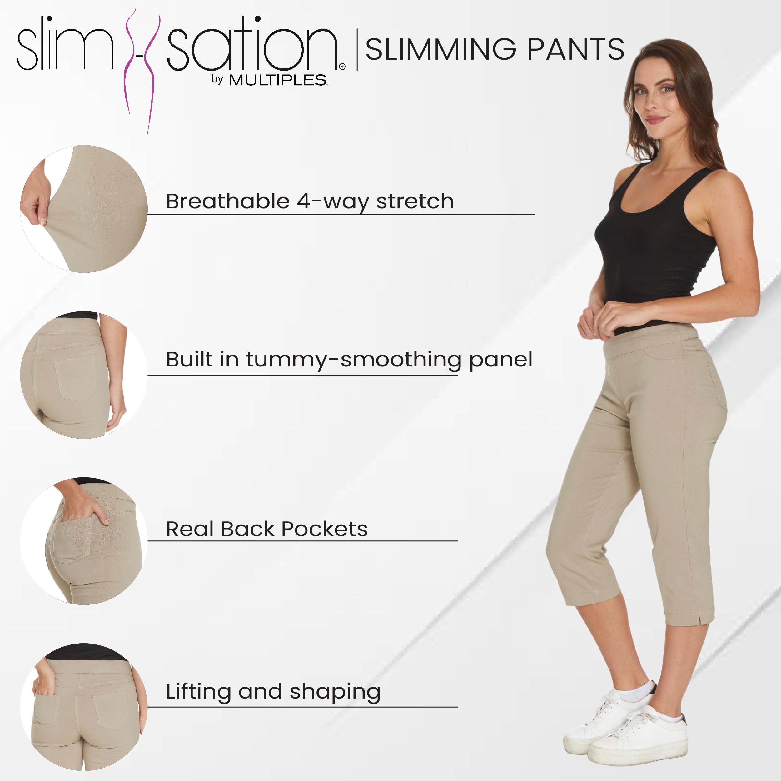 SLIM-SATION Women's Tummy Control Wide Waistband Pull-On Straight Leg Capri Pants - Perfect for Yoga, Workouts & Casual Wear