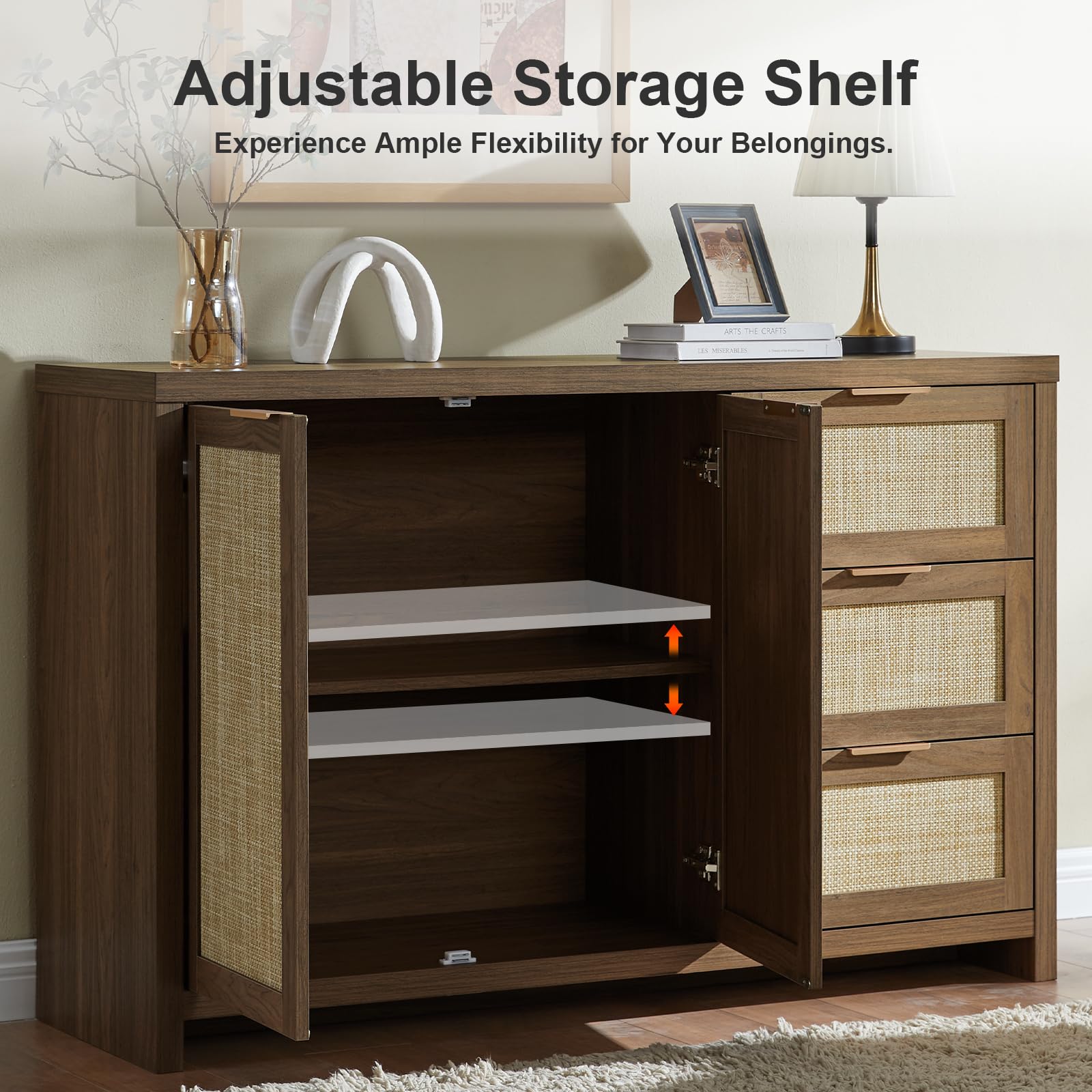 Hampstead 3-Drawer Rattan Storage Cabinet with 2 Doors & Adjustable Shelves - Sideboard Buffet Cabinet for Living Room, Dining Room & Bedroom Organization (Special Walnut Finish)